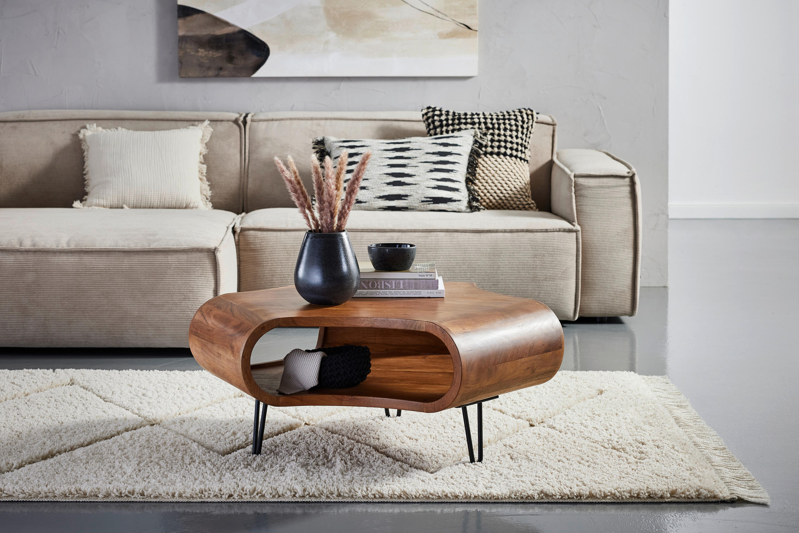 COUCHTISCH Akazie vollmassiv Freiform Schwarz, Akaziefarben  - Schwarz/Akaziefarben, Design, Holz/Metall (95/39/95cm) - Livetastic