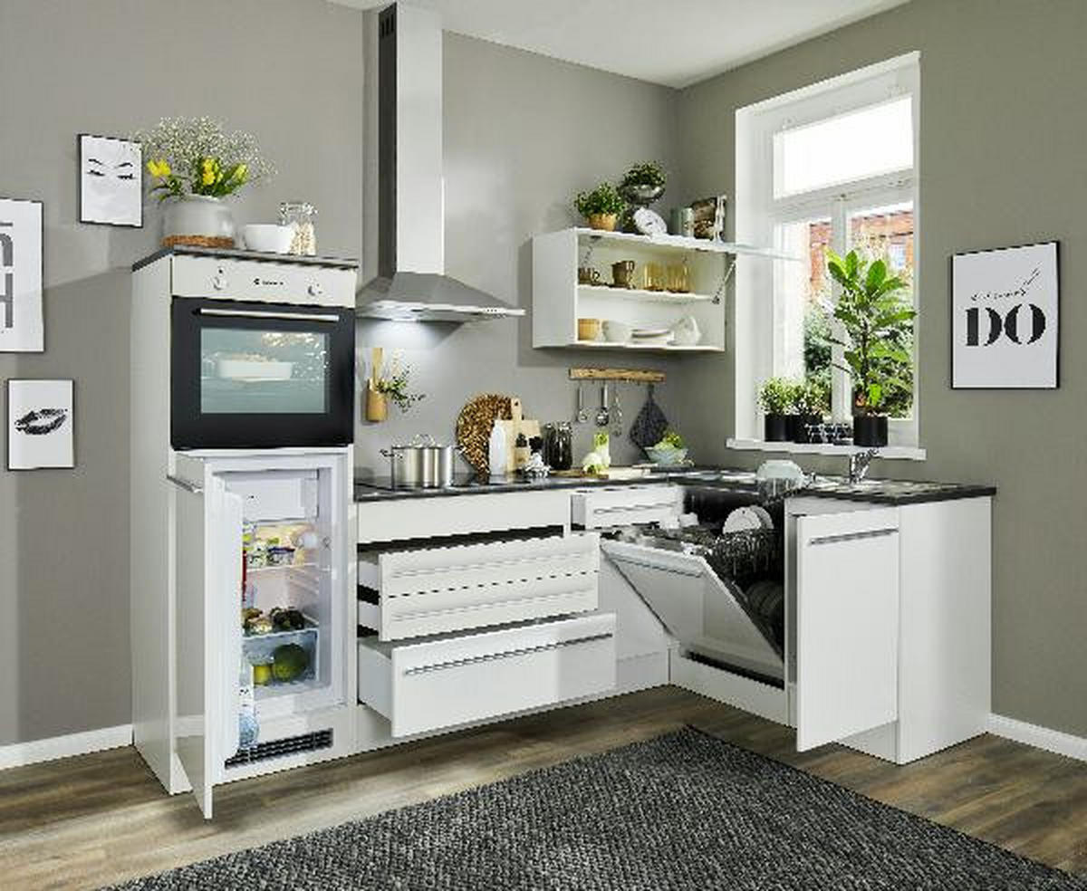 Eckküche Hochglanz-Weiß mit Geräten in MID.YOU
