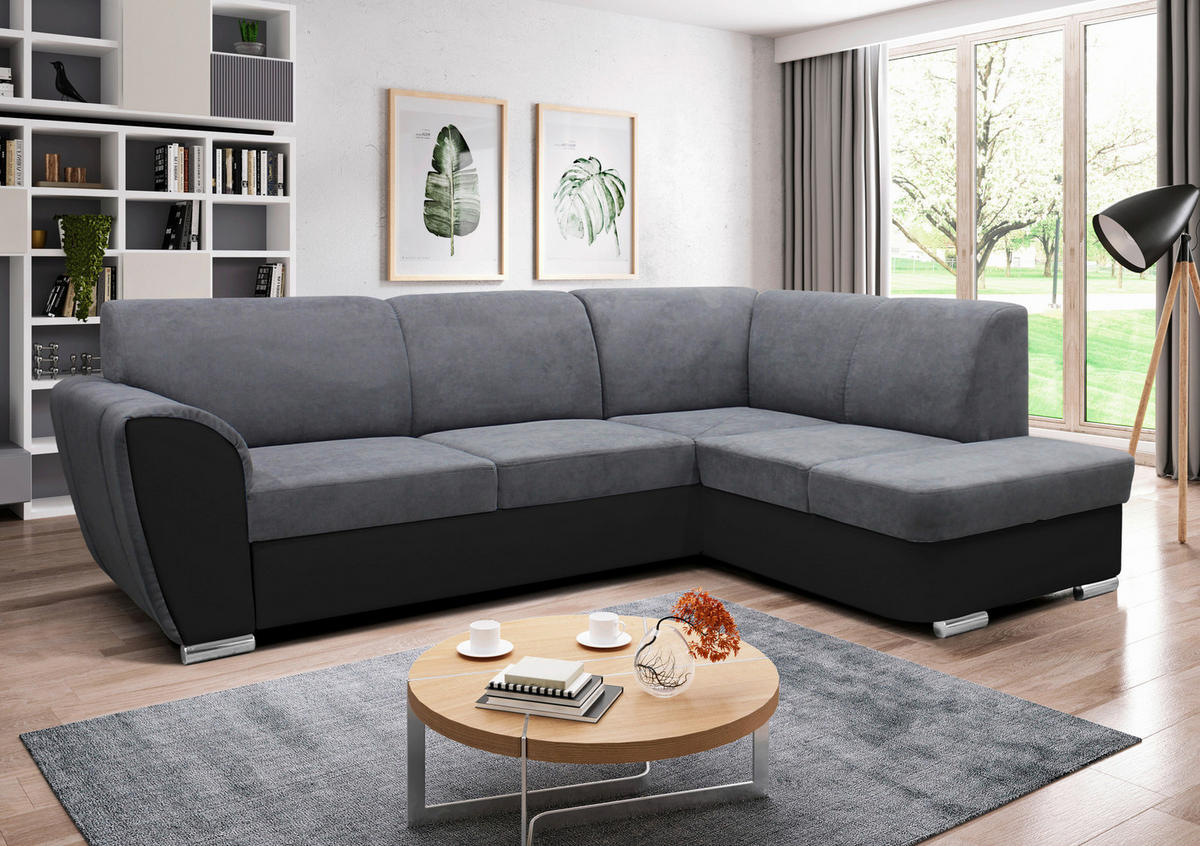 ECKSOFA Grau, Schwarz Velours  - Silberfarben/Schwarz, Design, Kunststoff/Textil (255/196cm) - MID.YOU