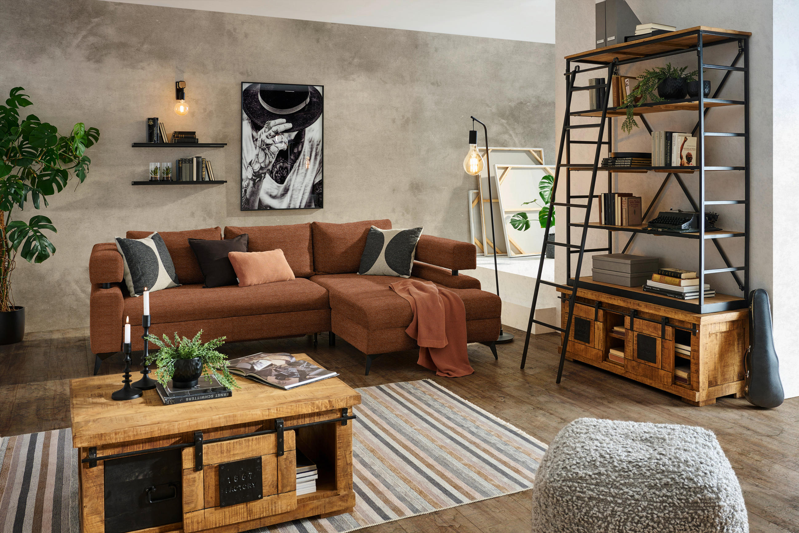 ECKSOFA Cognac Chenille  - Cognac/Schwarz, KONVENTIONELL, Textil/Metall (265/184cm) - Hom`in