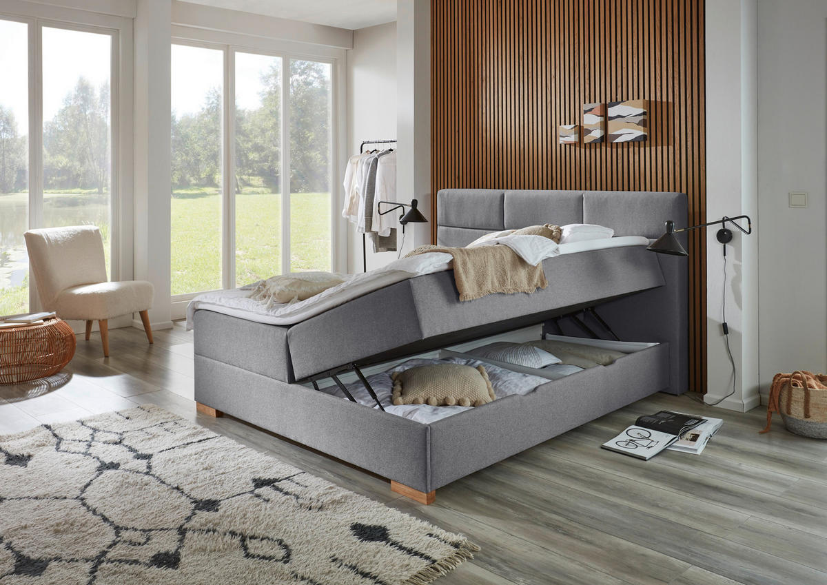 BOXSPRINGOVÁ POSTEĽ, 180/200 cm, sivá - sivá/farba duba, Basics, drevo/textil (180/200cm) - home24