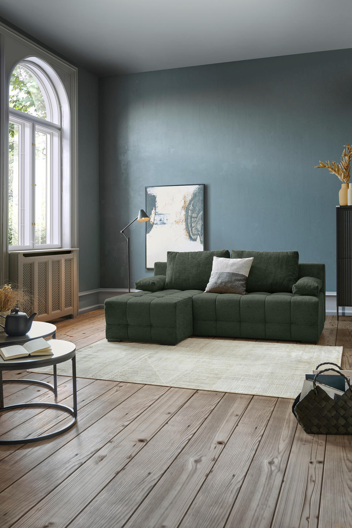 ECKSOFA  in Chenille Dunkelgrün  - Dunkelgrün/Schwarz, MODERN, Kunststoff/Textil (145/204cm) - home24