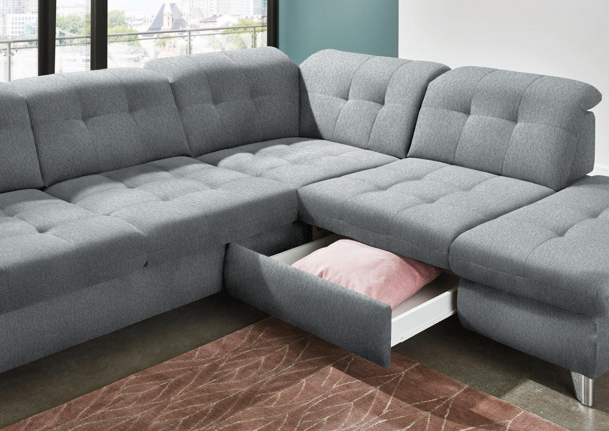 ECKSOFA in Chenille Blaugrau  - Chromfarben/Blaugrau, Design, Textil/Metall (310/260cm) - Beldomo Speed