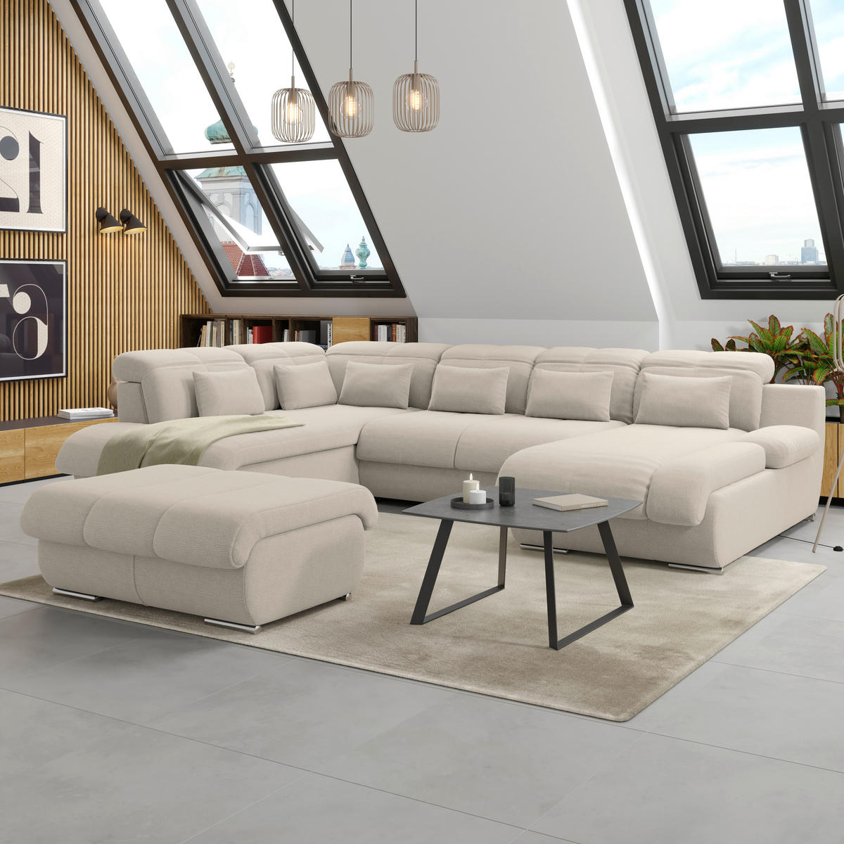 WOHNLANDSCHAFT MULTI Naturfarben Chenille  - Chromfarben/Naturfarben, MODERN, Textil/Metall (228/345/184cm) - Livetastic