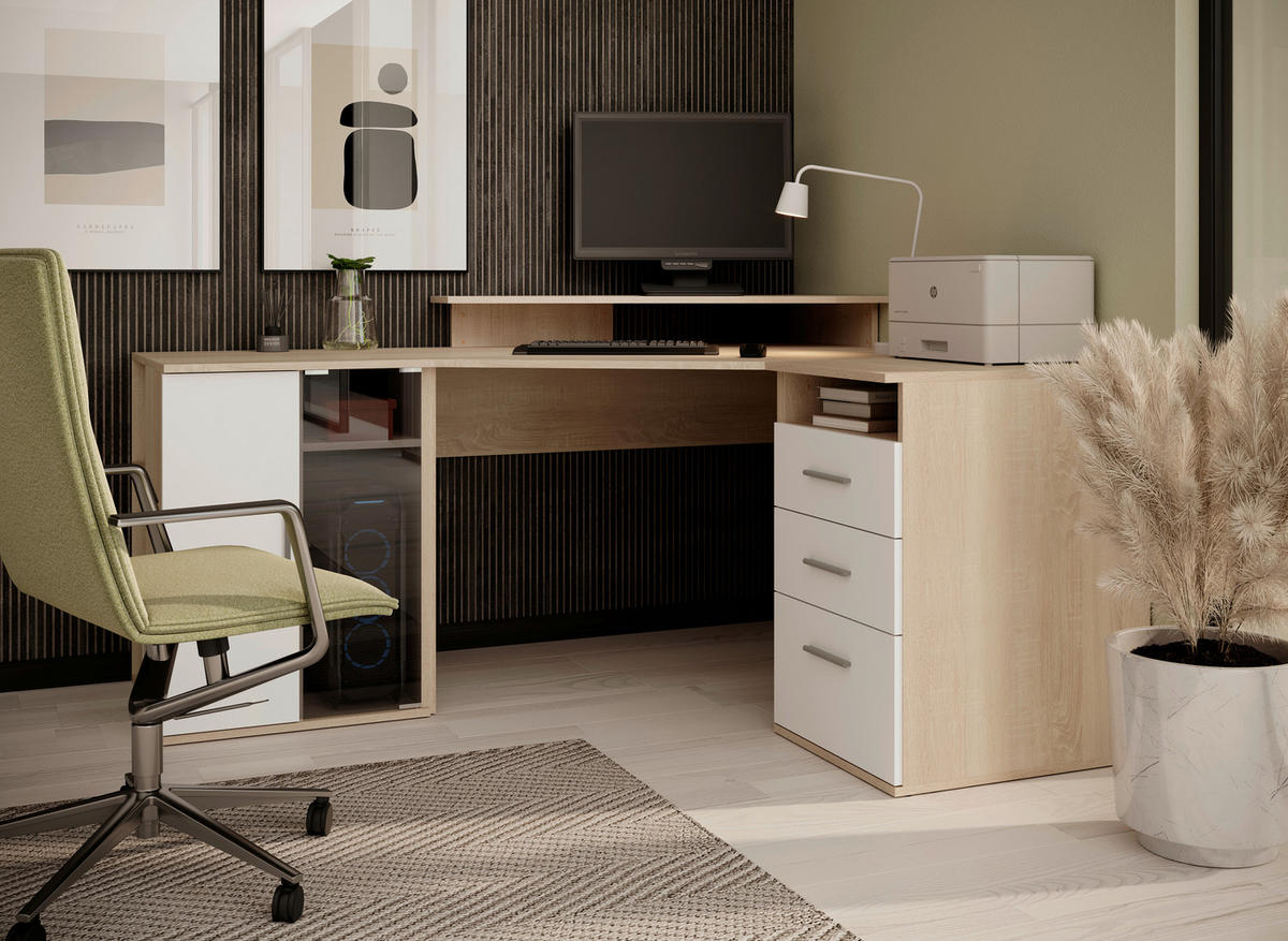 SAROKÍRÓASZTAL 173/75/140 cm  - ezüst/tölgyfa, Design, műanyag/faalapú anyag (173/75/140cm) - Carryhome
