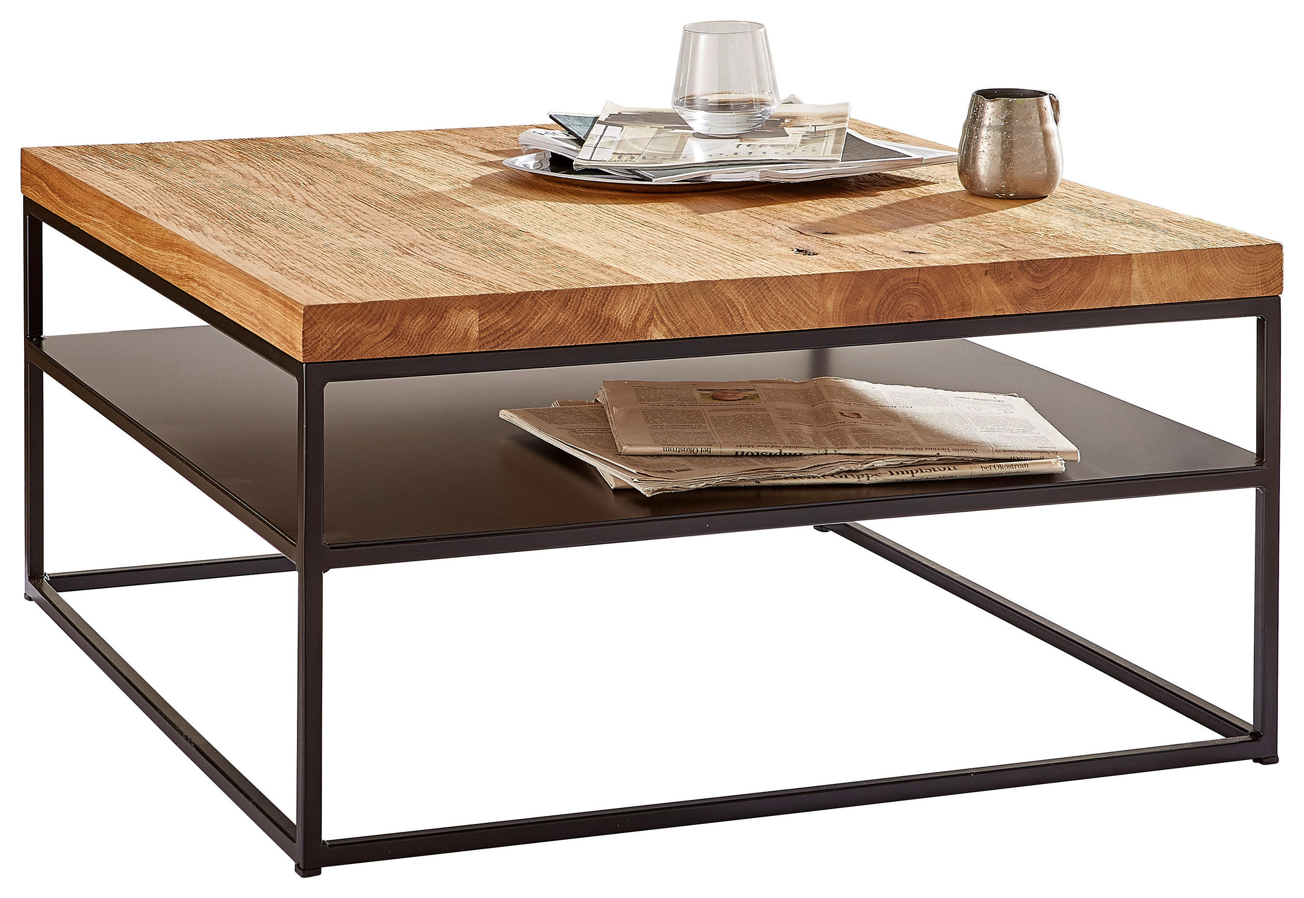 COUCHTISCH Eiche massiv 80/80/40 cm quadratisch Schwarz, Eichefarben - Eichefarben/Schwarz, Design, Holz/Metall (80/80/40cm) - Novel