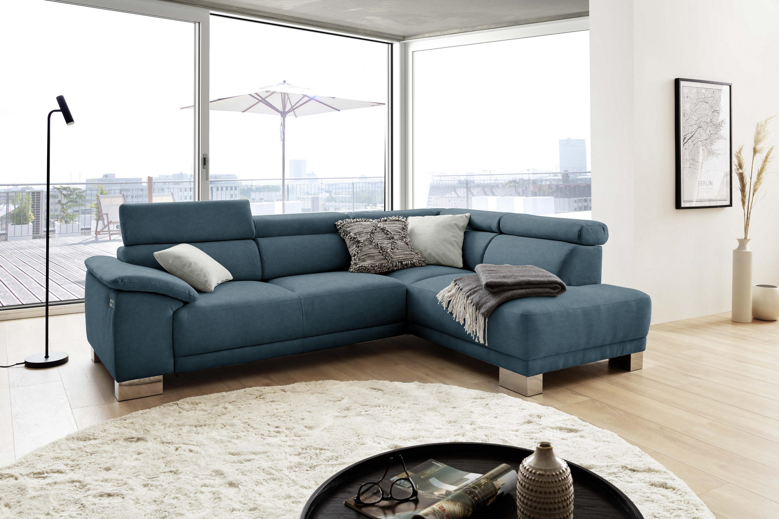 ECKSOFA in Mikrofaser Petrol  - Chromfarben/Petrol, Design, Holz/Textil (270/205cm) - Pure Home Lifestyle