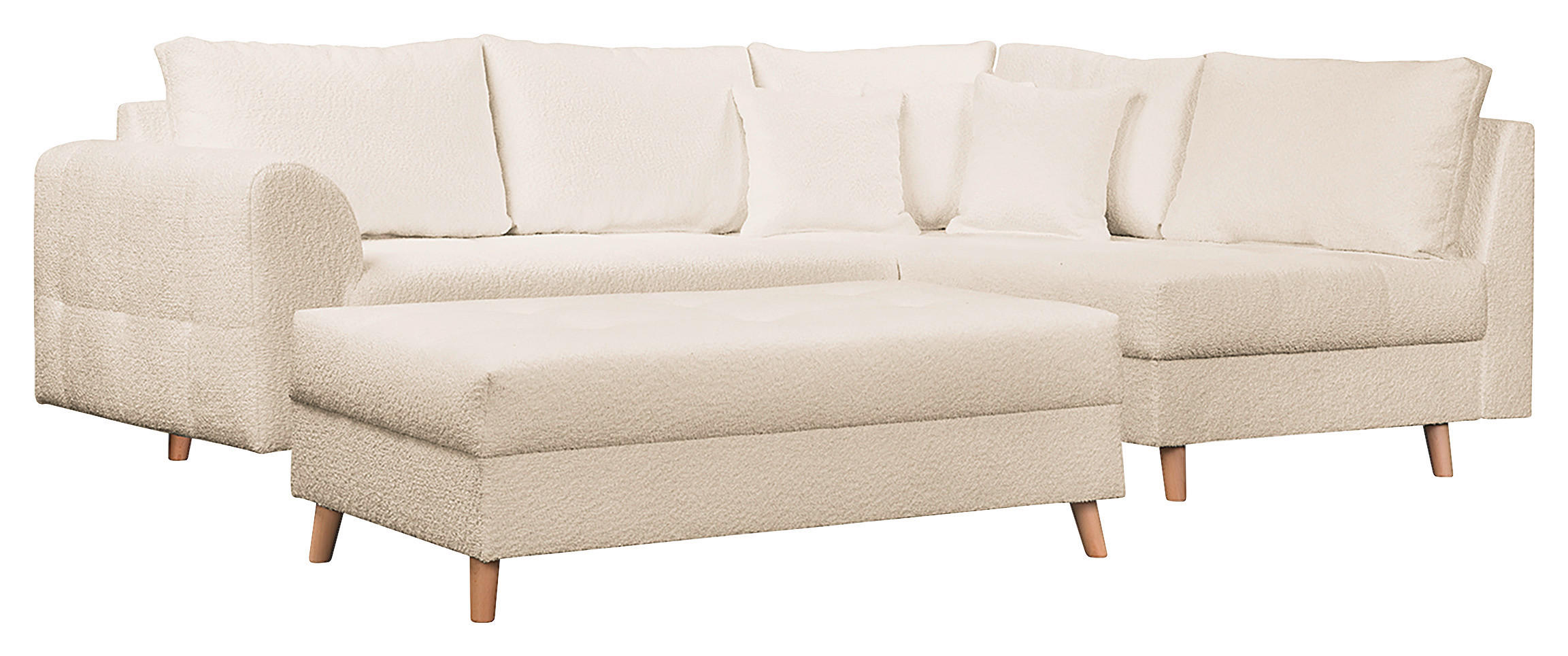 ECKSOFA inkl. Hocker Ariella Weiß Bouclé  - Naturfarben/Weiß, Design, Holz/Textil (231/161cm) - Livetastic