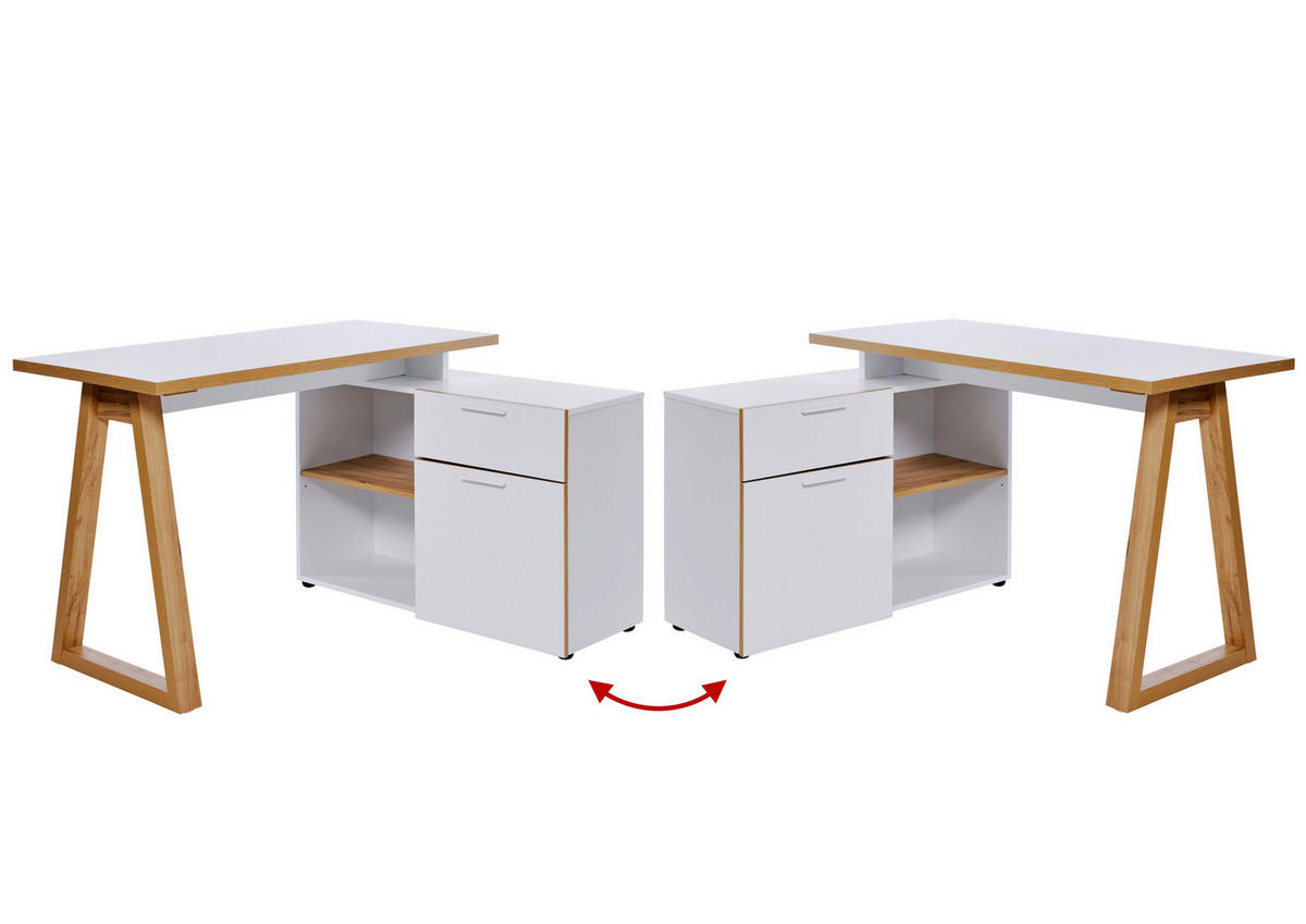 BUREAU D'ANGLE 120-130/55-95/76,2 cm  in Weiss, Eichefarben  - Weiss/Eichefarben, Modern, Holzwerkstoff/Metall (120-130/55-95/76,2cm) - Novel