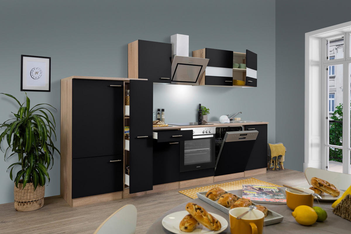 KÜCHENBLOCK 310 cm   in Schwarz  - Edelstahlfarben/Eichefarben, Basics, Holzwerkstoff/Metall (310cm) - Respekta