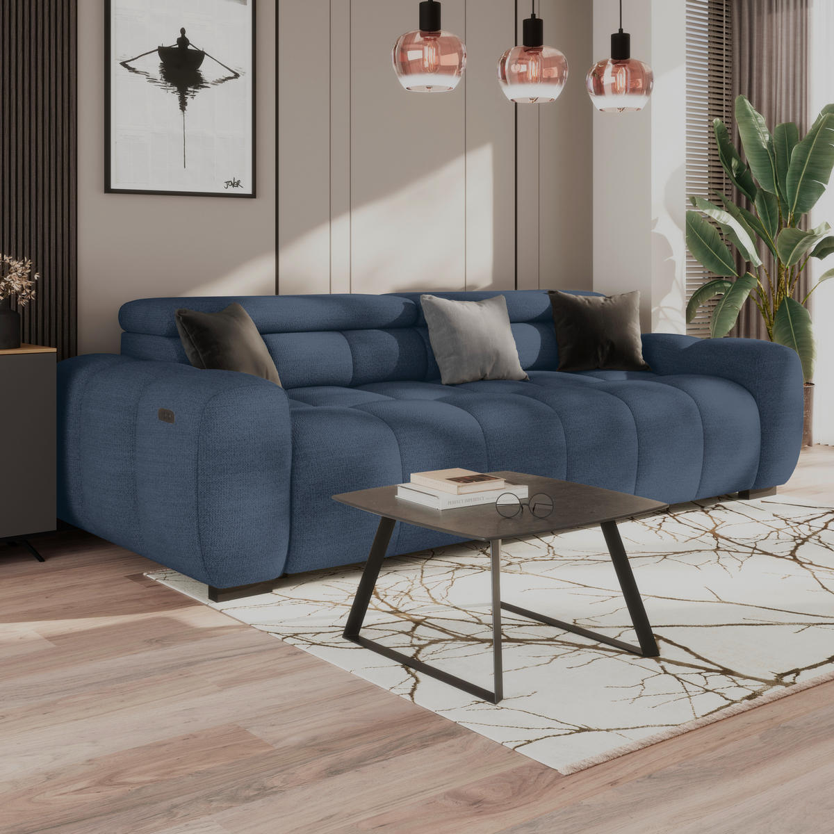 BIGSOFA inkl. mot. Funktion Webstoff Blau  - Blau/Schwarz, Design, Kunststoff/Textil (248/77-97/108cm) - Welnova