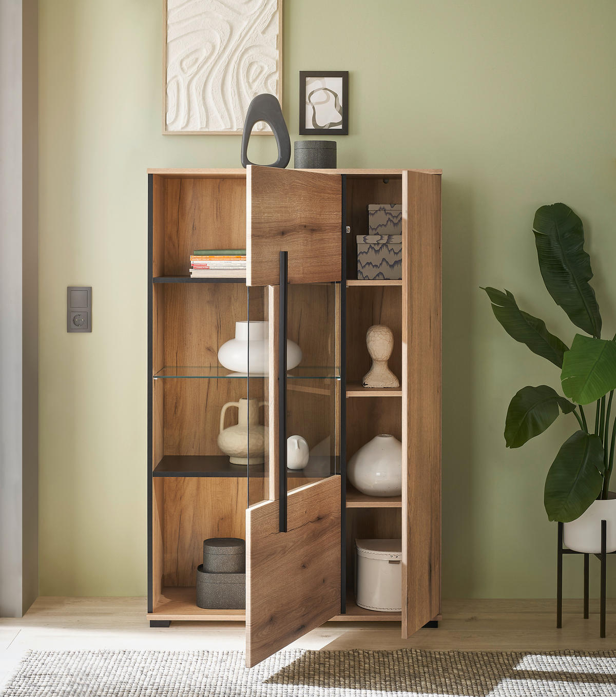 VITRINE  in Eichefarben  - Eichefarben/Schwarz, Design, Glas/Holzwerkstoff (90/140/37cm) - Livetastic