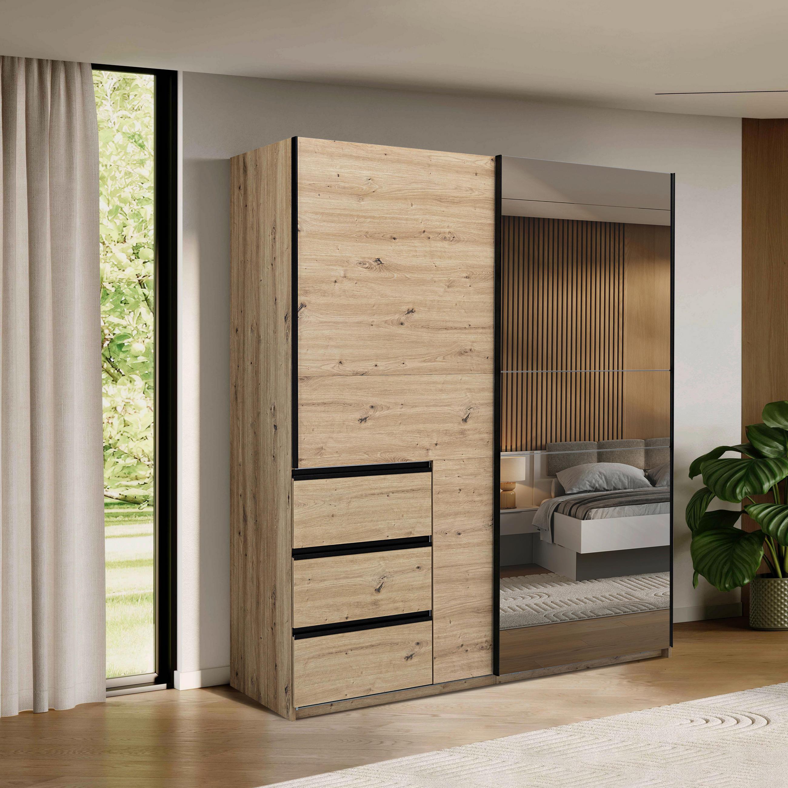 SCHIEBETÜRENSCHRANK 2-türig Eiche Artisan  - Schwarz/Eiche Artisan, MODERN, Holzwerkstoff/Metall (175/205/61,5cm) - Boxxx