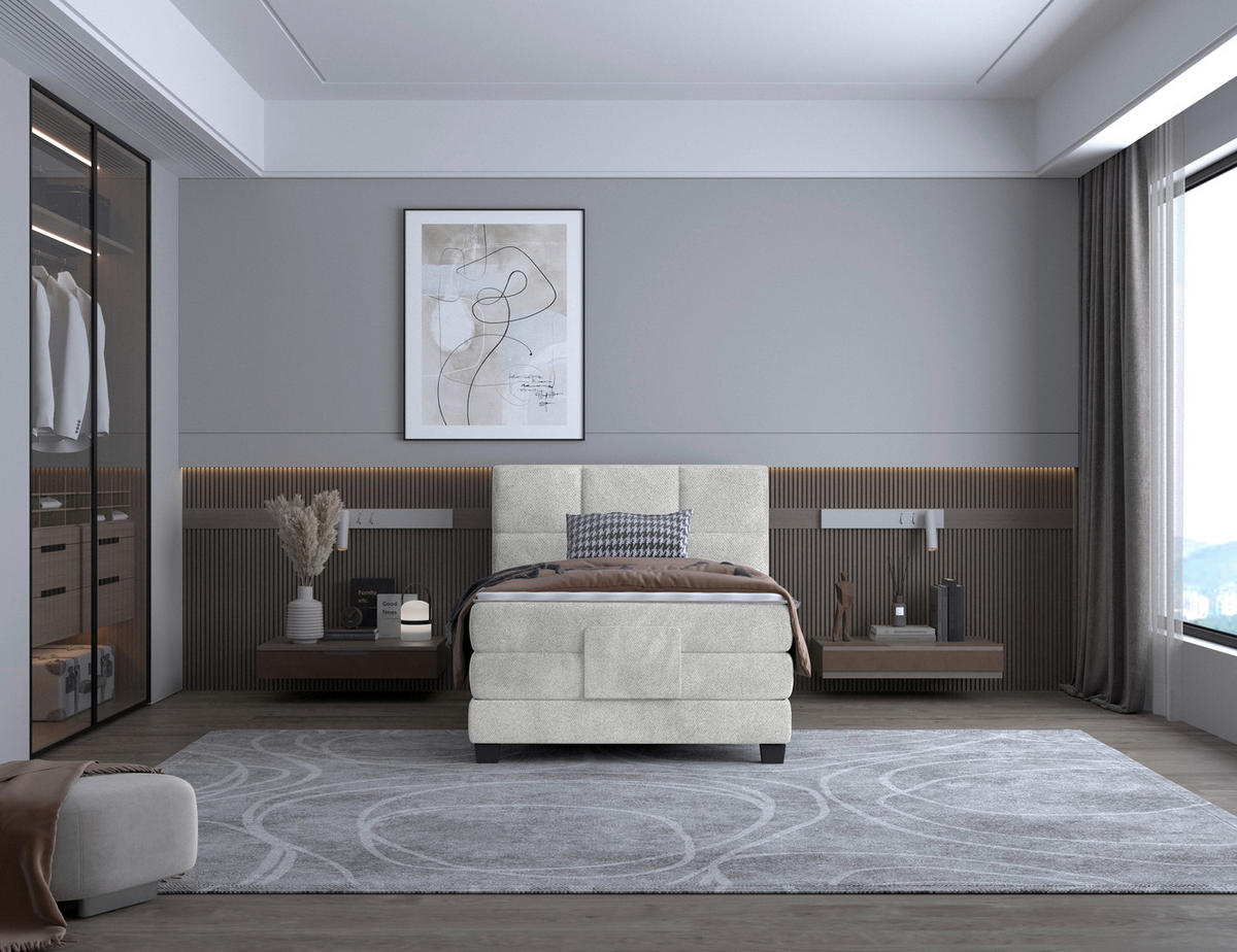 BOXSPRINGBETT 120/200 cm,  in Creme, Matratze, Topper, motorische Verstellbarkeit, Fernbedienung, H3 = fest  - Creme/Schwarz, KONVENTIONELL, Holz/Kunststoff (120/200cm) - Chameo