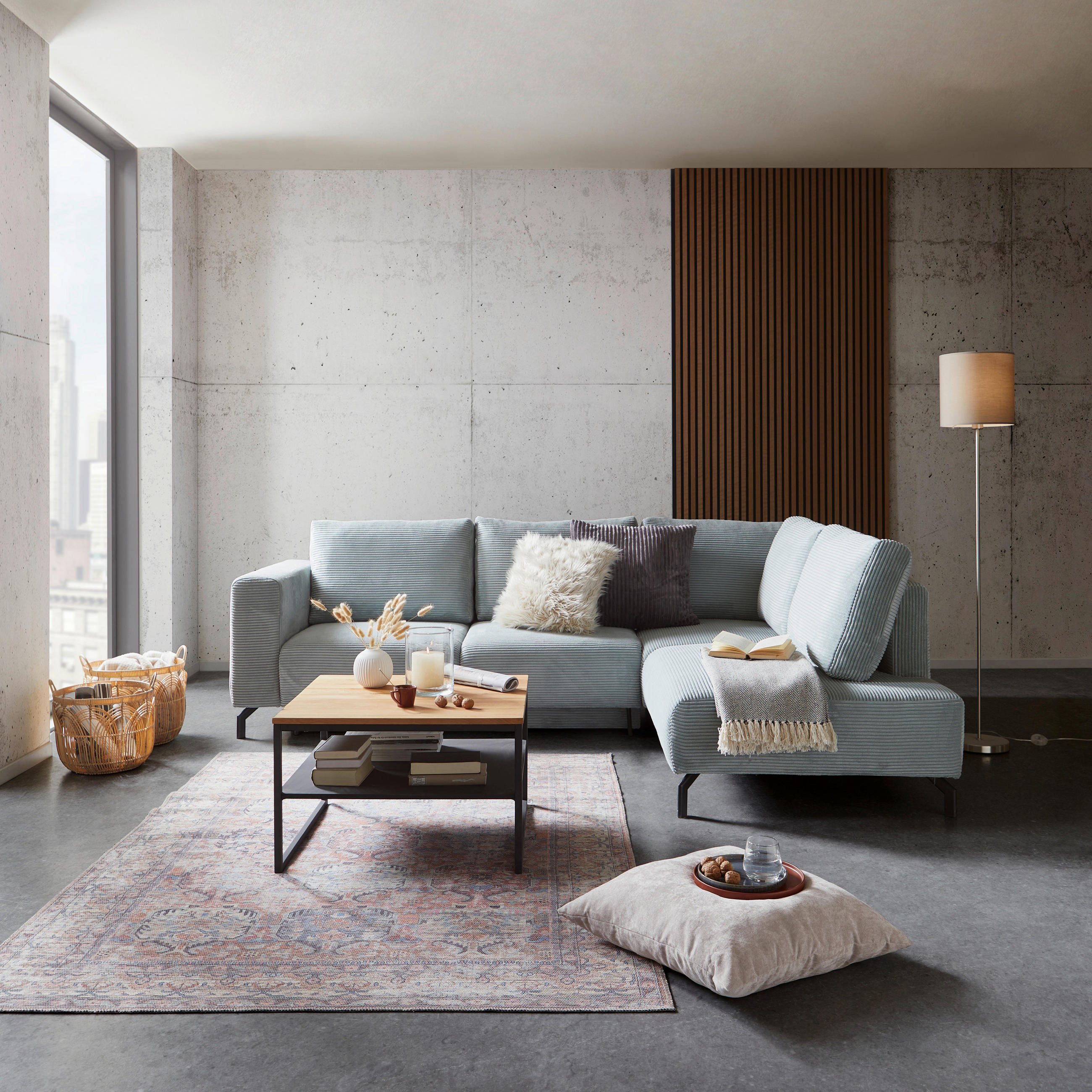ECKSOFA Graugrün Cord  - Schwarz/Graugrün, MODERN, Textil (272/210cm) - P & B