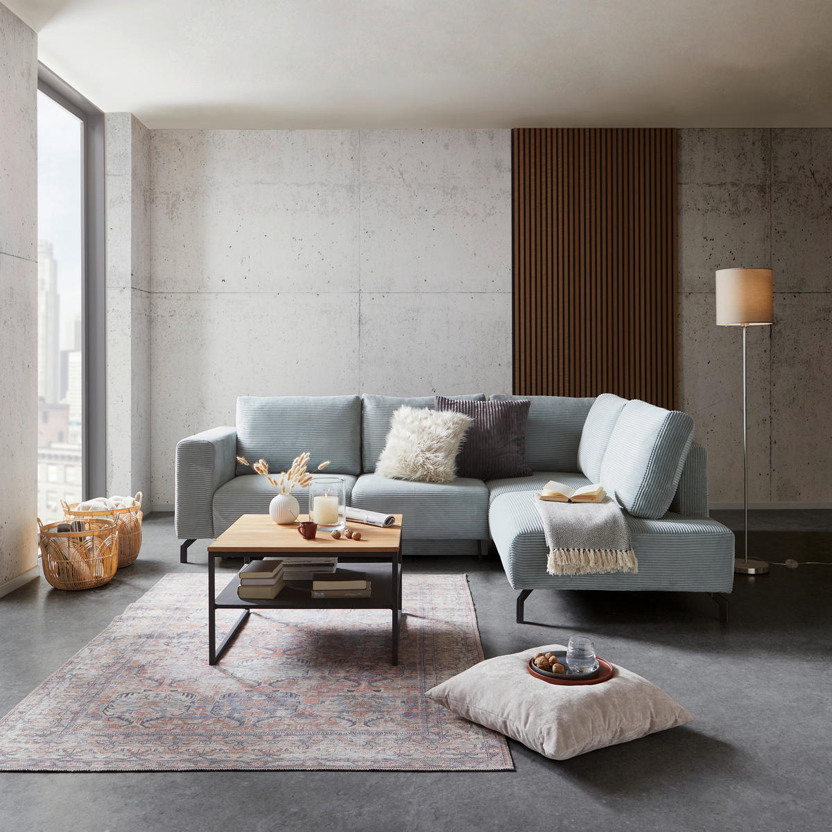 ECKSOFA Graugrün Cord  - Schwarz/Graugrün, MODERN, Textil (272/210cm) - P & B