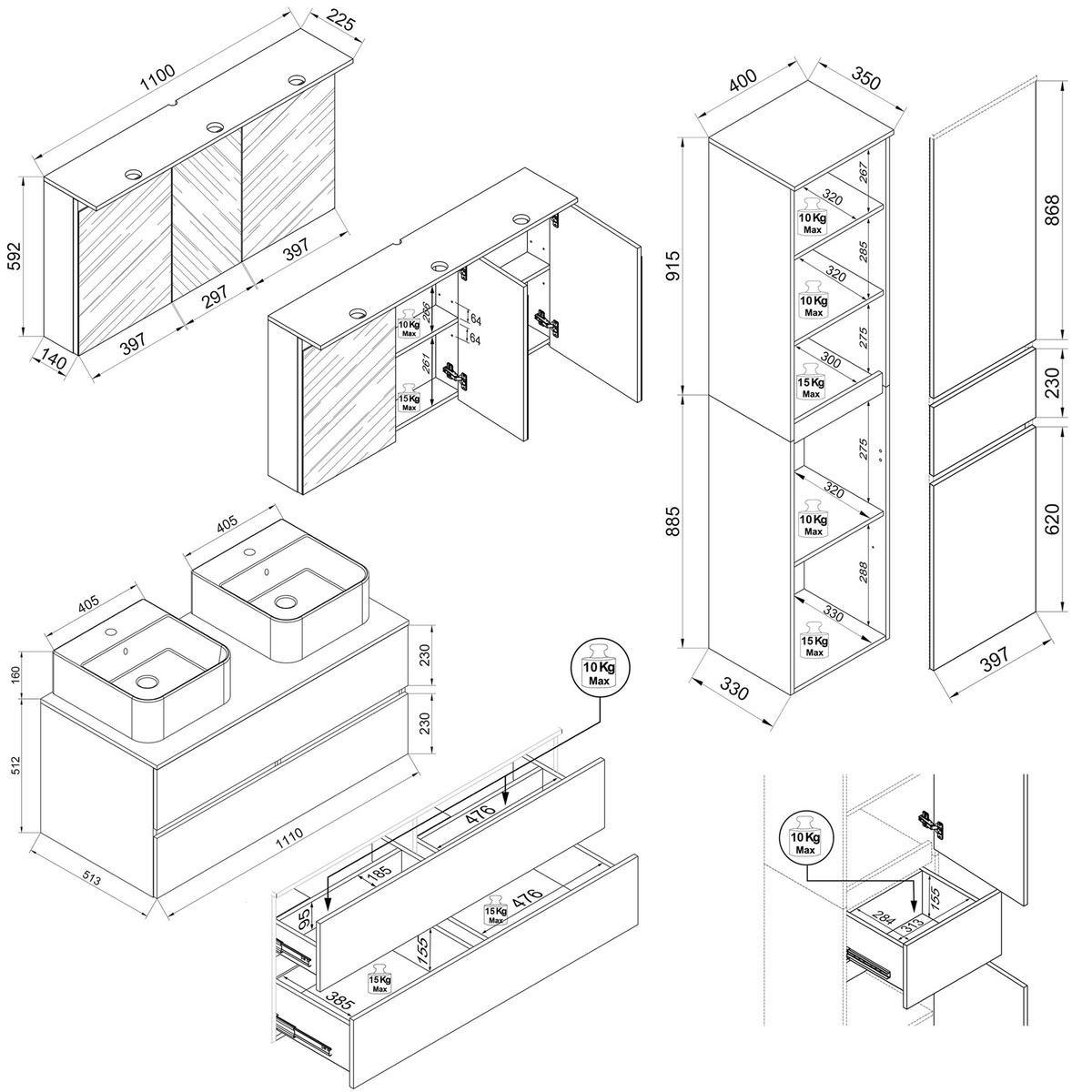BADEZIMMER 5-teilig 151 cm  - Honigeiche/Weiss, Trend, Keramik/Holzwerkstoff (151cm) - MID.YOU