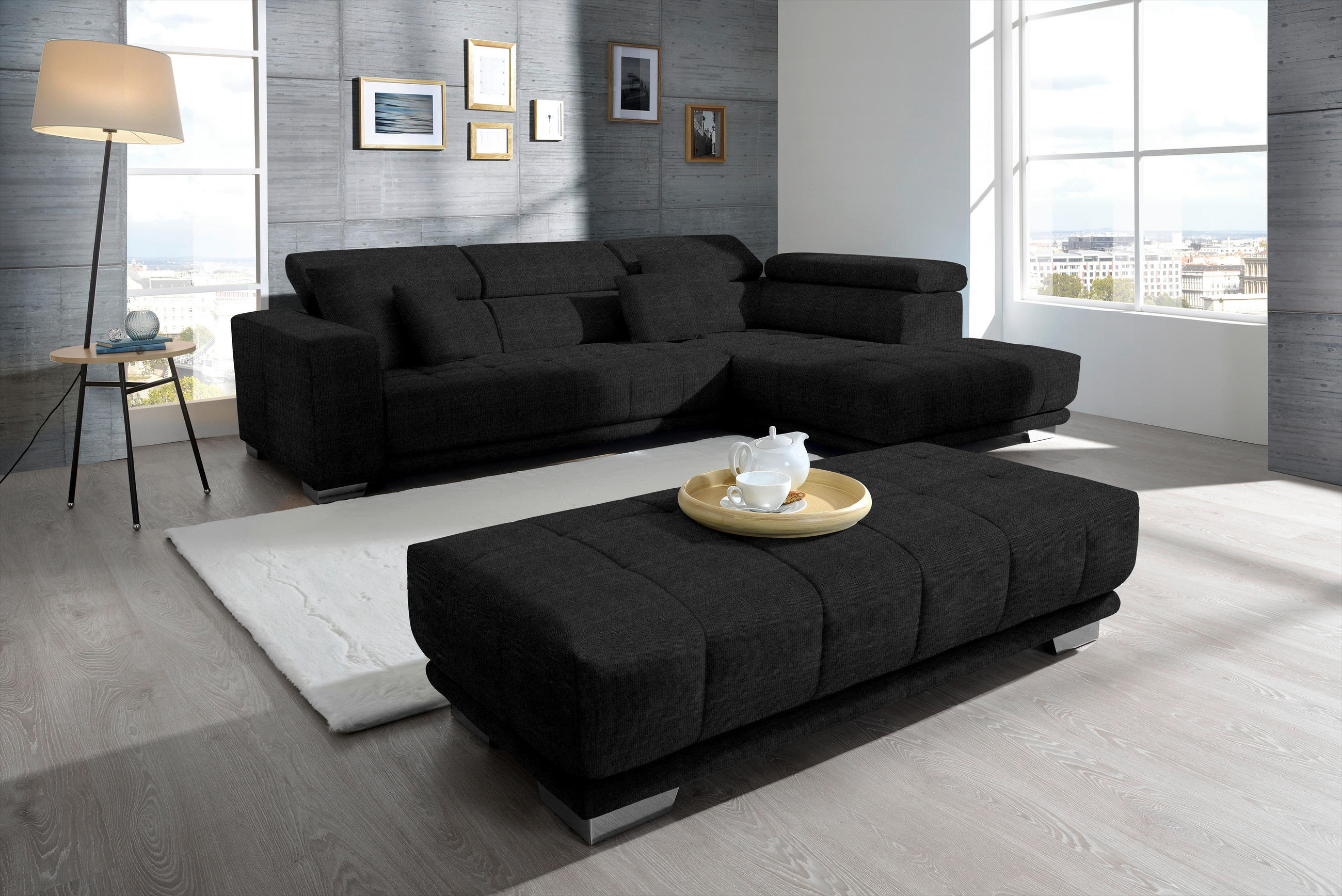 ECKSOFA in Mikrofaser Graphitfarben  - Chromfarben/Graphitfarben, Design, Textil/Metall (301/207cm) - Xora