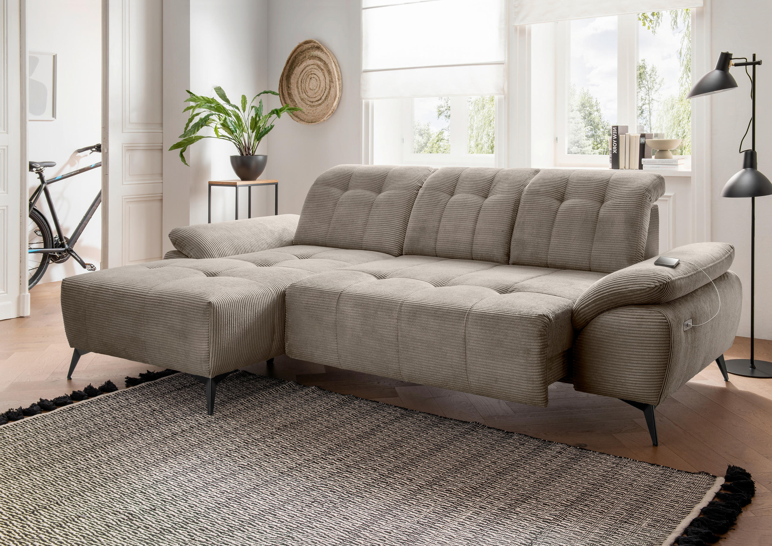 ECKSOFA Cord Graubraun  - Graubraun/Schwarz, Modern, Textil/Metall (180/280cm) - Livetastic