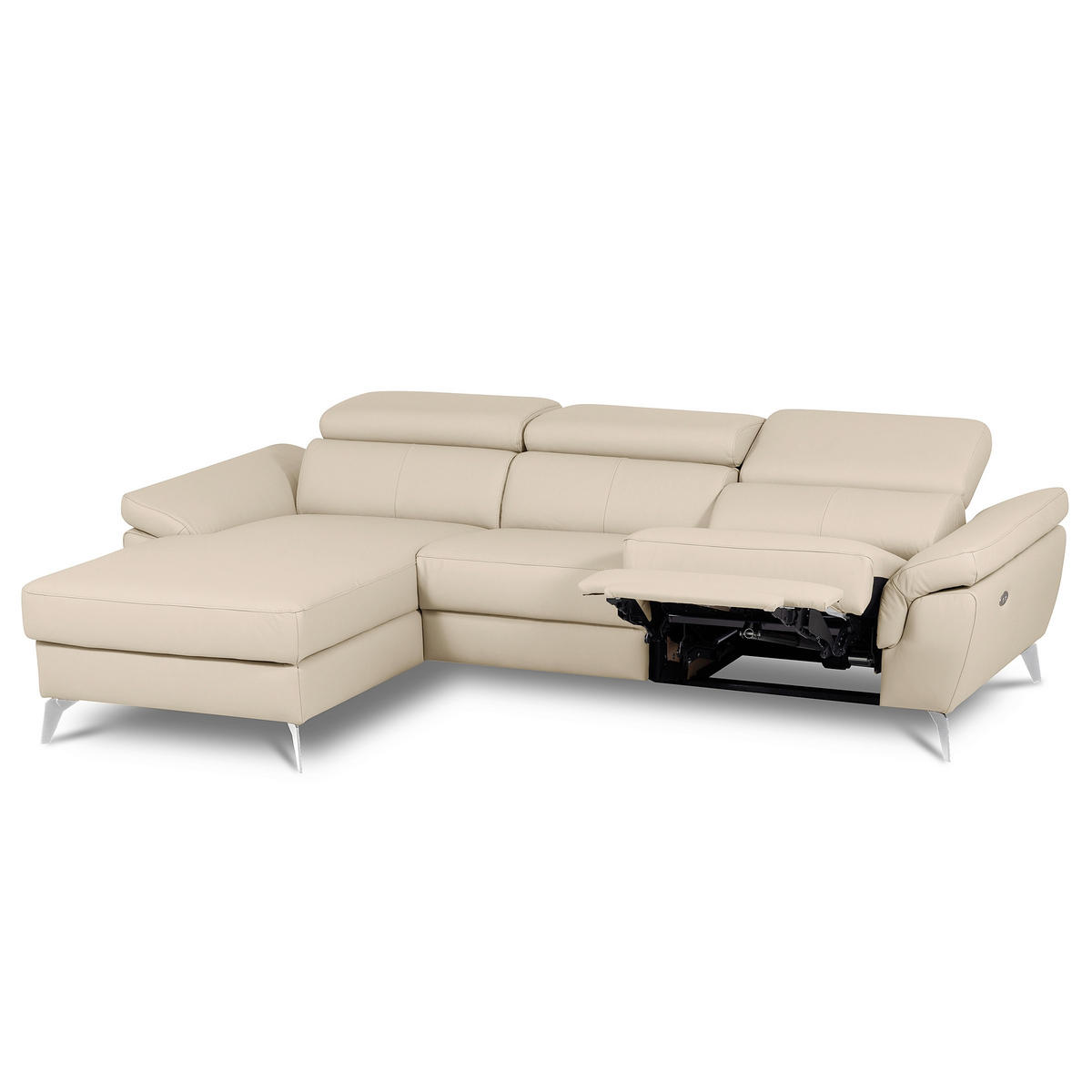 ECKSOFA SONO in Lederlook Echtleder Grau Bettkasten, Armteilverstellung, Kopfteilverstellung  252/179 cm  - Chromfarben/Grau, Design, Leder/Textil (252/179cm) - Livetastic
