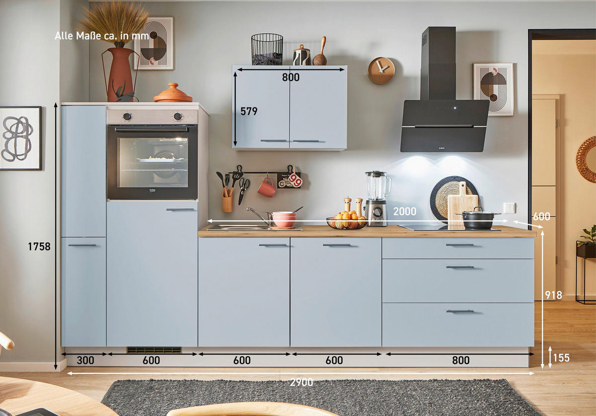 KÜCHENBLOCK PN 105 290 cm  in Eichefarben, Kaschmir, Pastellblau  - Kaschmir/Edelstahlfarben, Design, Holzwerkstoff/Metall (290cm) - Pino