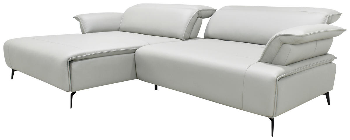ECKSOFA Hellgrau, Schwarz Echtleder Rückenkissen, Rücken echt, Kopfteilverstellung, Sitztiefenverstellung, Fußteilverstellung, Armlehnenkissen  - Hellgrau/Schwarz, Design, Leder/Metall (280/75-100/112-176cm) - Celina Home