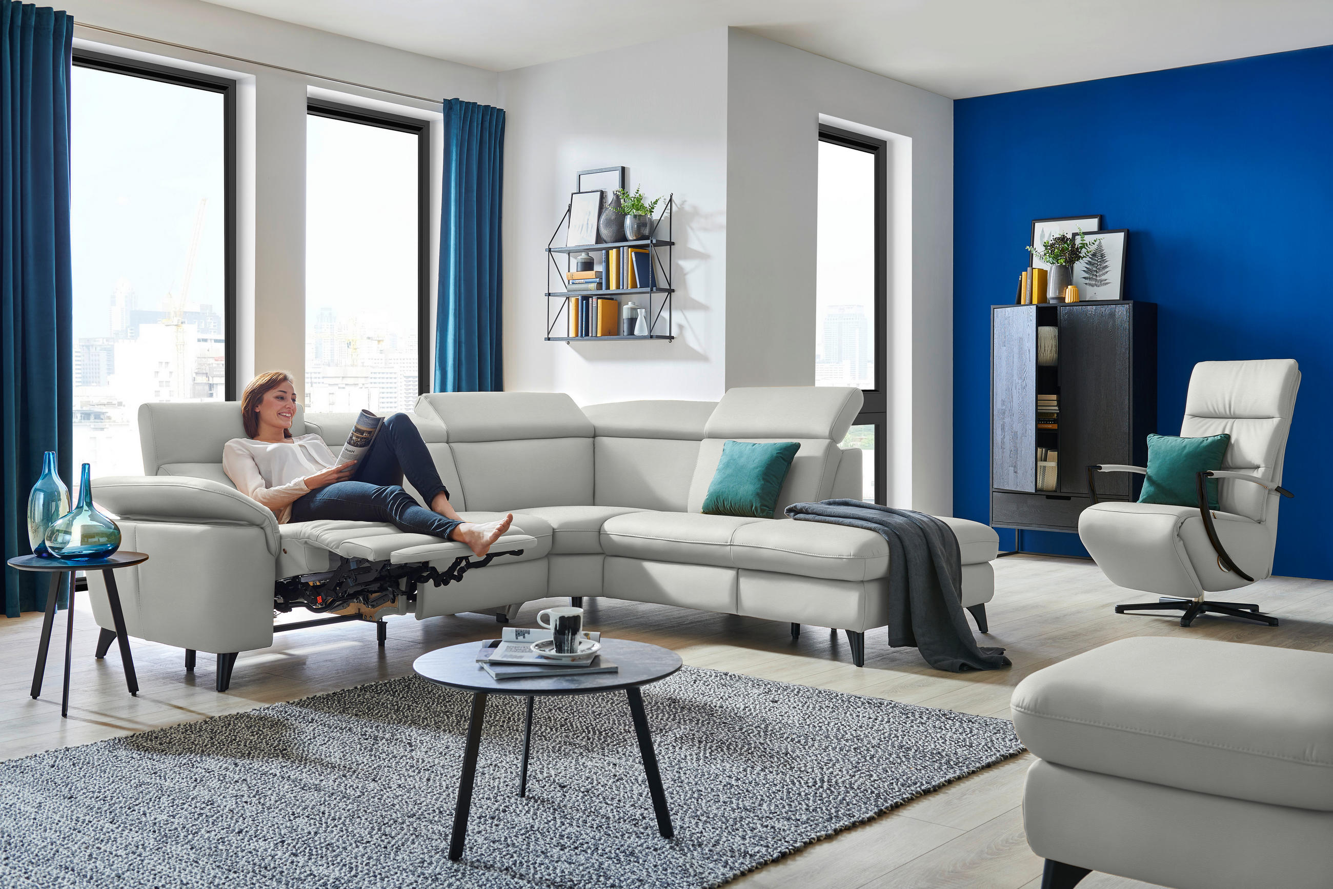 ECKSOFA in Echtleder Hellgrau  - Hellgrau/Schwarz, Design, Leder/Metall (285/239cm) - Cantus
