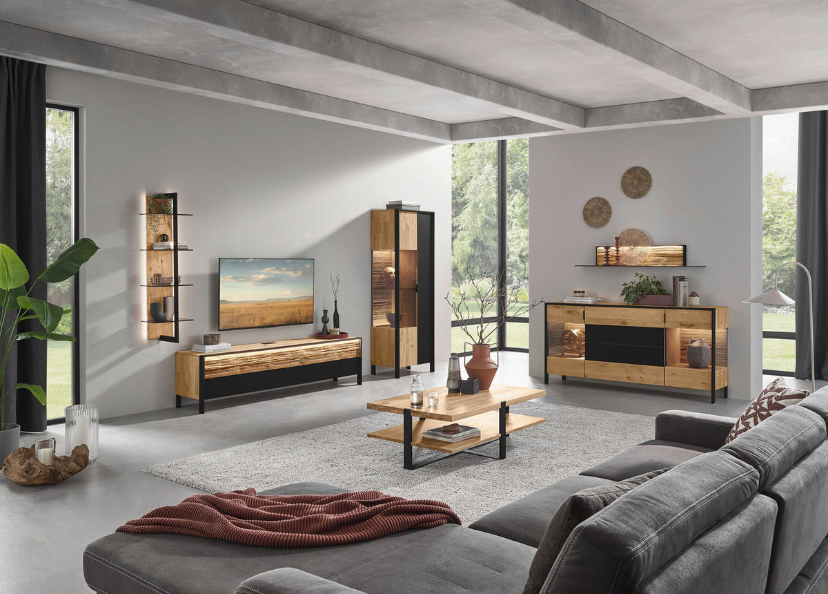 LOWBOARD  in 204/52,6/44,6 cm  - Wildeiche/Graphitfarben, Natur, Glas/Holz (204/52,6/44,6cm) - Valdera