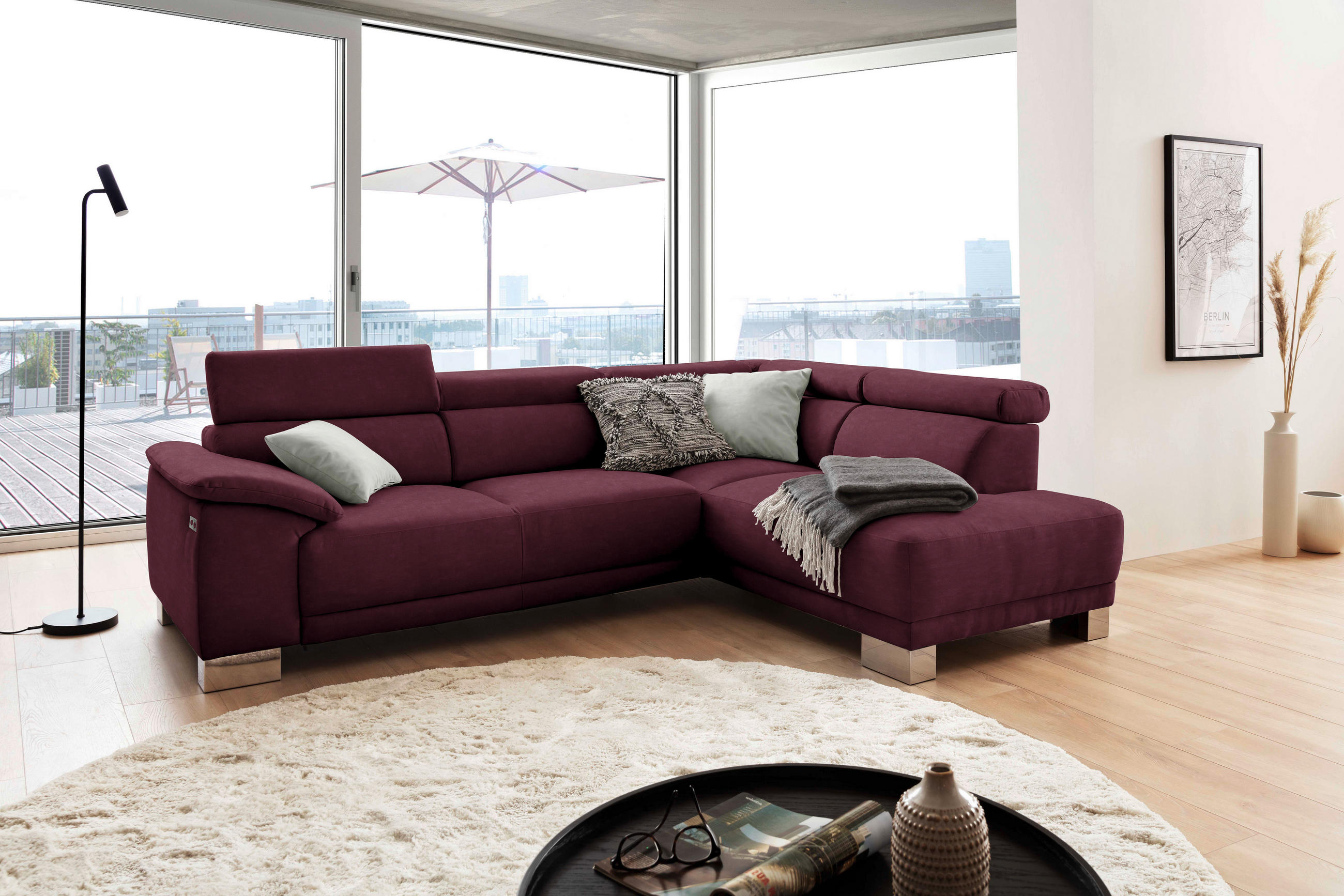 ECKSOFA in Mikrofaser Beere  - Chromfarben/Beere, Design, Holz/Textil (270/205cm) - Pure Home Lifestyle