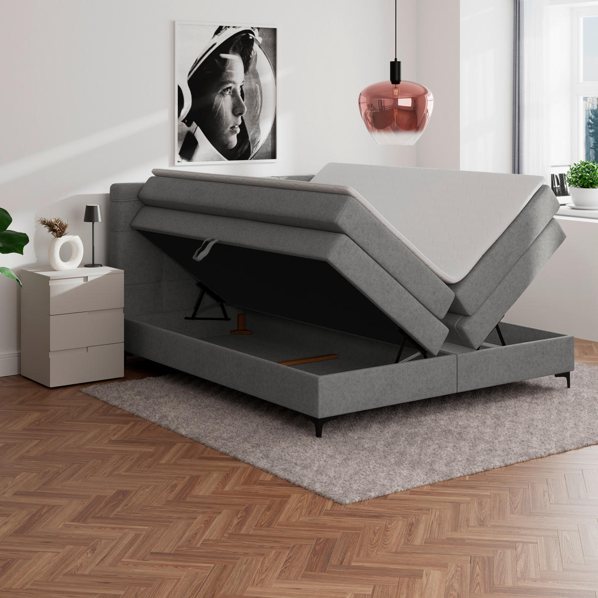 BOXSPRINGBETT 200/200 cm,  in Grau, H3 = fest  - Schwarz/Grau, KONVENTIONELL, Kunststoff/Textil (200/200cm)