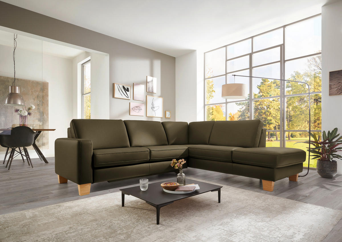 ECKSOFA in Echtleder Olivgrün  - Eiche Bianco/Olivgrün, Konventionell, Leder/Holz (257/235cm) - Valdera