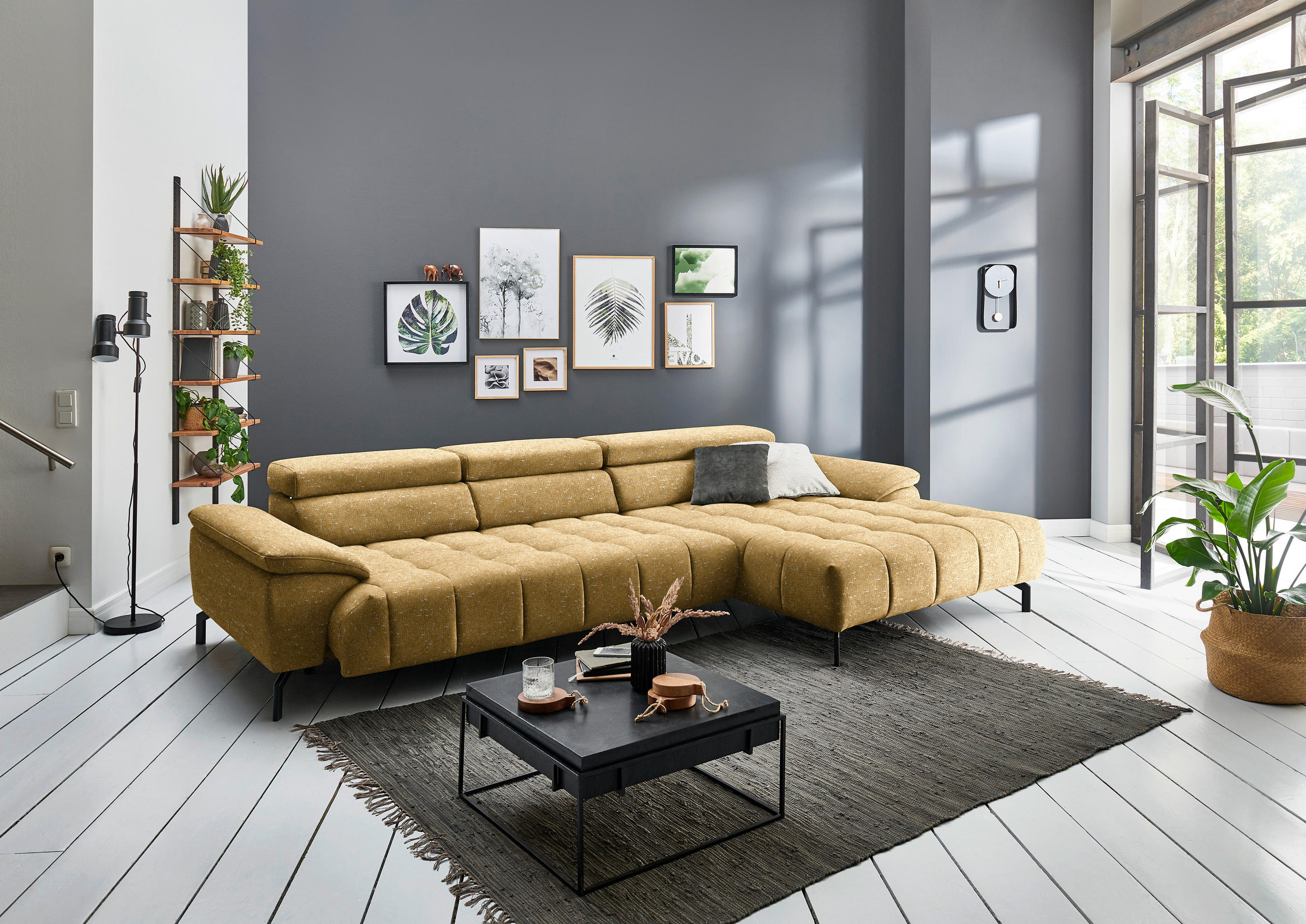 ECKSOFA in Chenille Currygelb  329/190 cm  - Currygelb/Schwarz, Design, Textil/Metall (329/190cm) - Beldomo Style