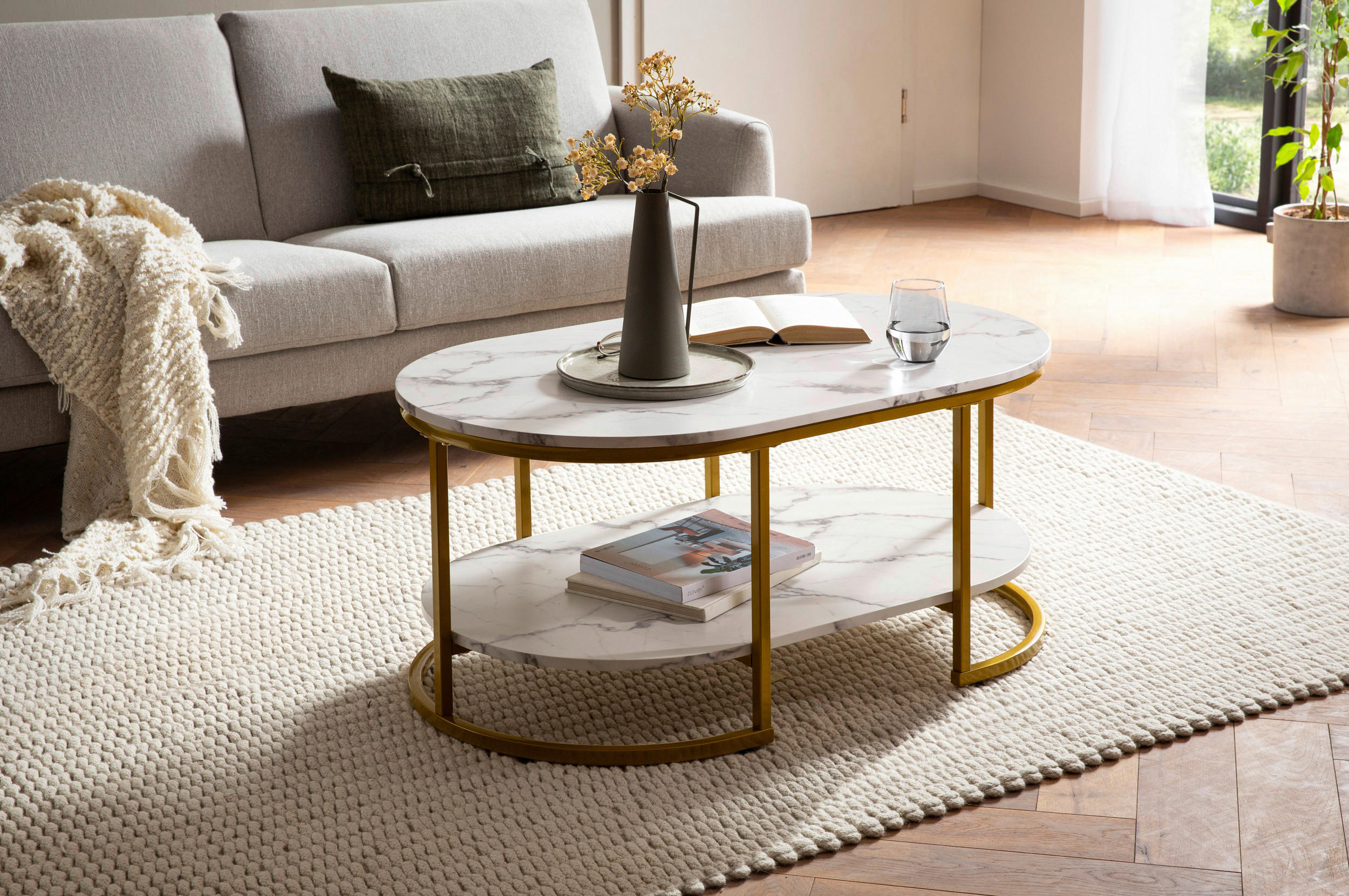 COUCHTISCH 100/60/45 cm rechteckig Weiß Hochglanz  - Weiß Hochglanz/Goldfarben, LIFESTYLE, Holzwerkstoff/Metall (100/60/45cm) - Livetastic