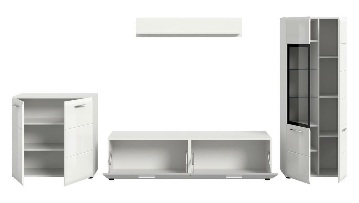 WOHNWAND 4-teilig  in Weiß, Weiß Hochglanz  315/160/41 cm  - Weiß Hochglanz/Silberfarben, Design, Holzwerkstoff/Kunststoff (315/160/41cm) - Livetastic