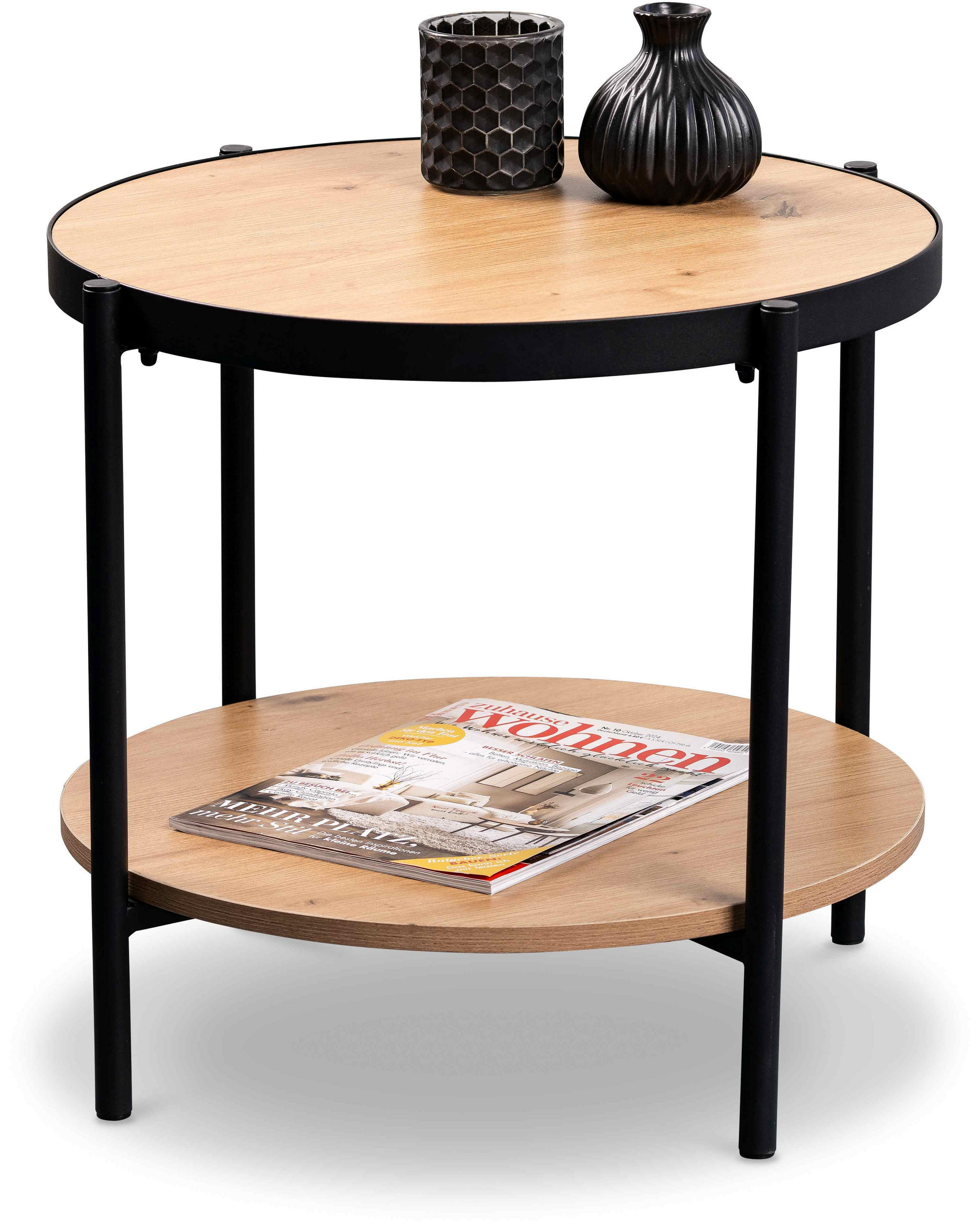 BEISTELLTISCH 52/52/45 cm Eiche Artisan rund  - Schwarz/Eiche Artisan, Design, Holzwerkstoff/Metall (52/52/45cm) - Xora