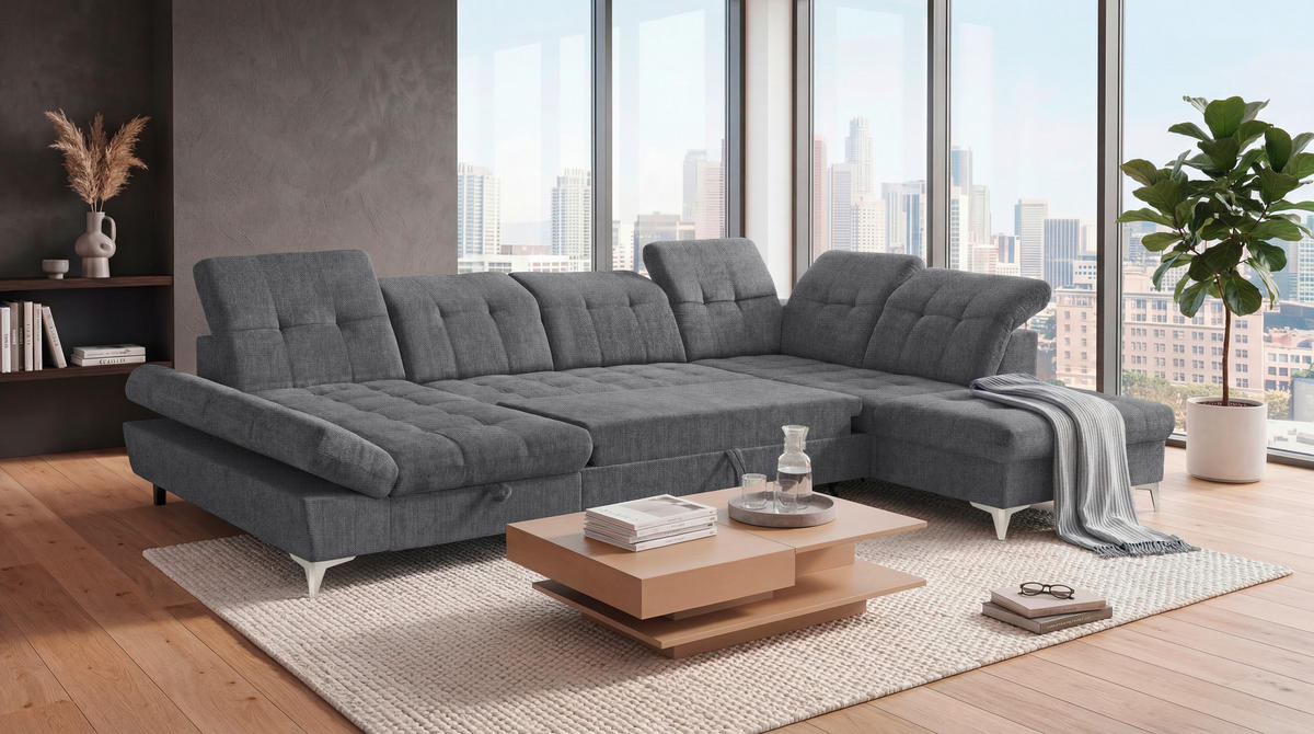 WOHNLANDSCHAFT Mikrovelours Anthrazit  - Kaschmir/Anthrazit, Modern, Kunststoff/Textil (169/348/245cm) - MID.YOU