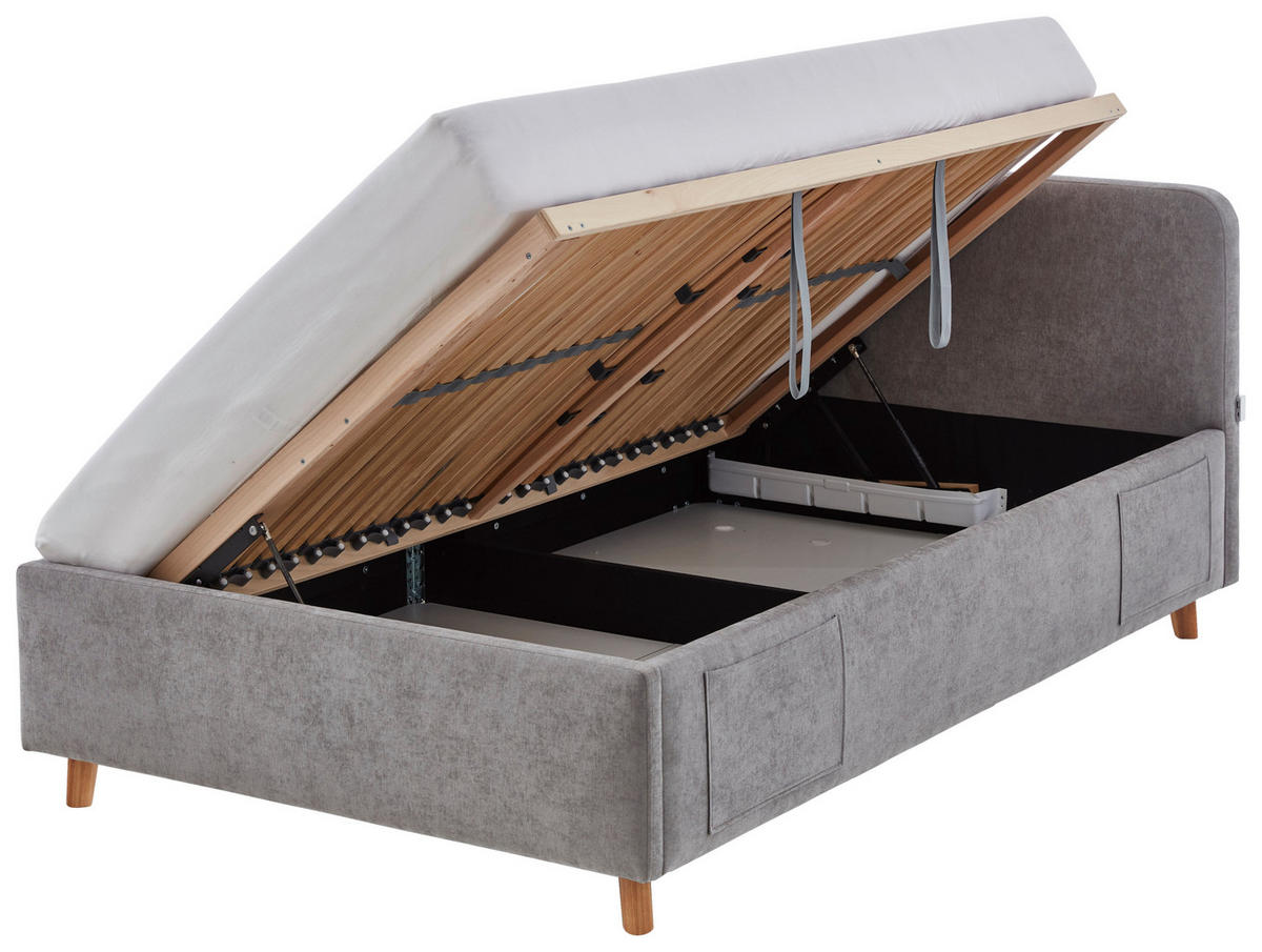 POLSTERBETT 120/200 cm,  in Grau, Eichefarben, Lattenrost, Bettkasten, Betttasche,  - Eichefarben/Birkefarben, KONVENTIONELL, Holz/Textil (120/200cm) - Boxxx