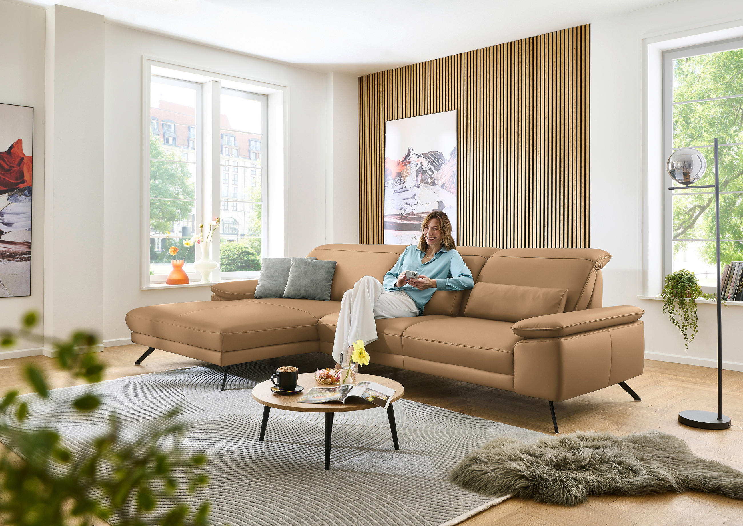 ECKSOFA in Echtleder Honig  - Schwarz/Honig, Design, Leder/Metall (193/332cm) - Dieter Knoll