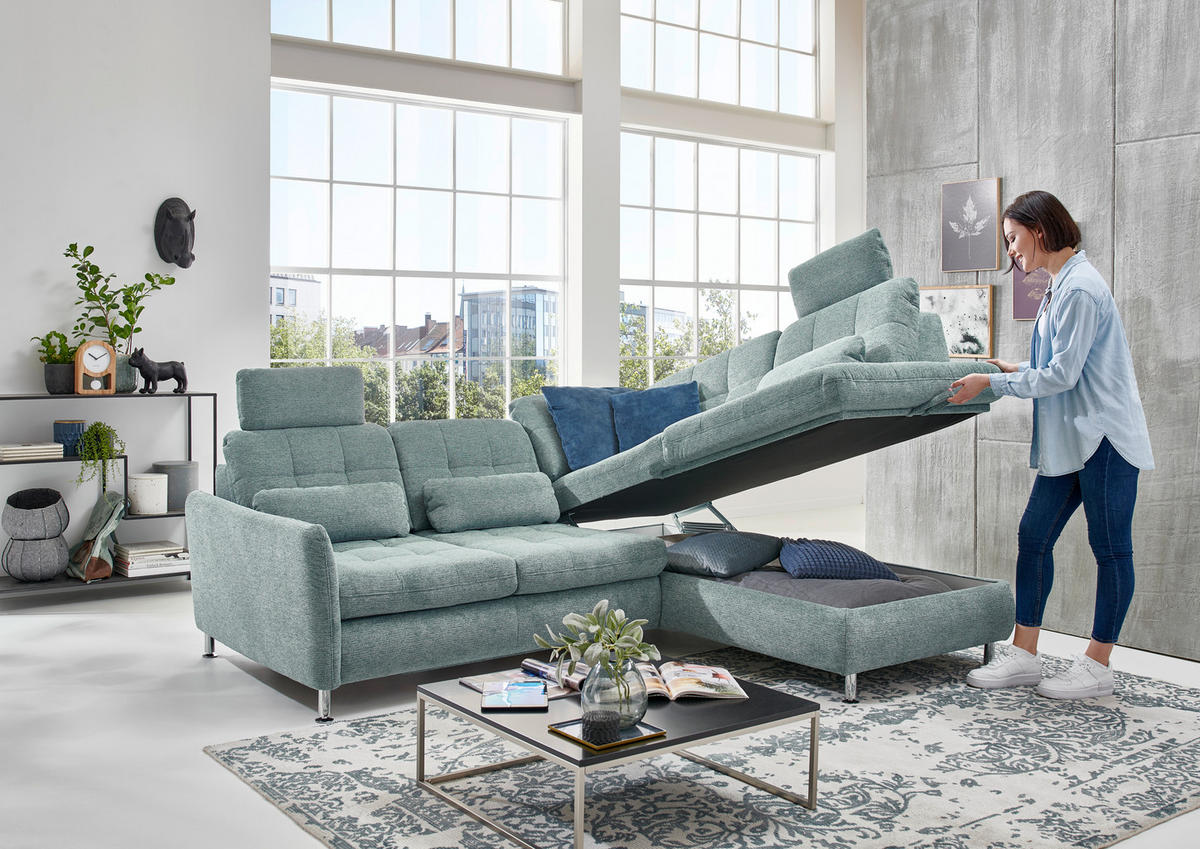 ECKSOFA in Webstoff Türkis  - Türkis/Schwarz, Konventionell, Textil/Metall (210/242cm) - Beldomo Style