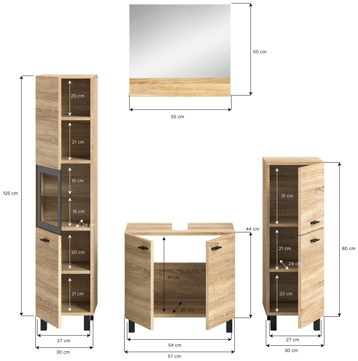 BADEZIMMER 4-teilig  in 117 cm  - Schwarz/Sonoma Eiche, MODERN, Glas/Holzwerkstoff (117cm) - MID.YOU