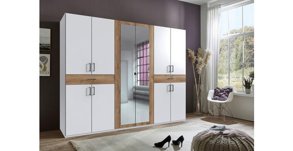 DREHTÜRENSCHRANK  in Weiß, Plankeneiche  - Plankeneiche/Schwarz, KONVENTIONELL, Glas/Holzwerkstoff (270/208/58cm) - Carryhome