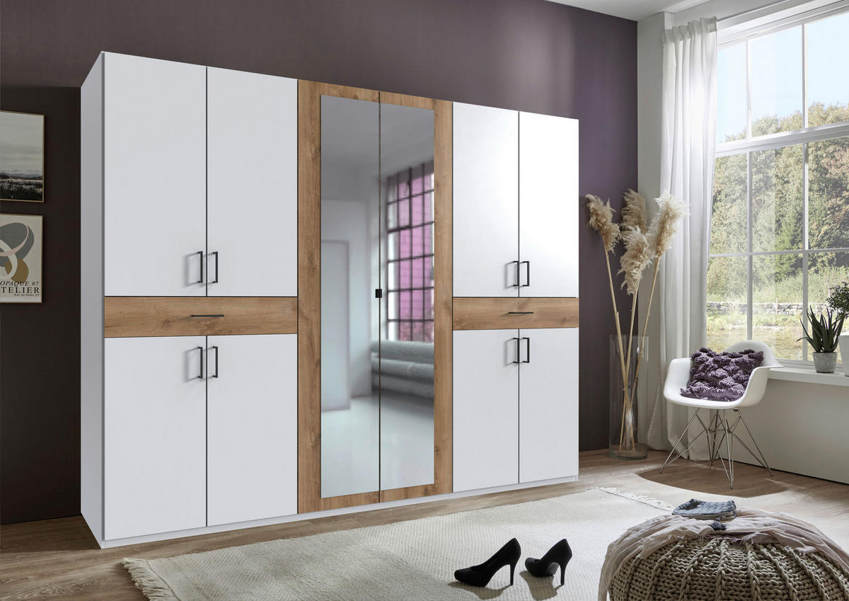 DREHTÜRENSCHRANK  in Weiß, Plankeneiche  - Plankeneiche/Schwarz, KONVENTIONELL, Glas/Holzwerkstoff (270/208/58cm) - Carryhome