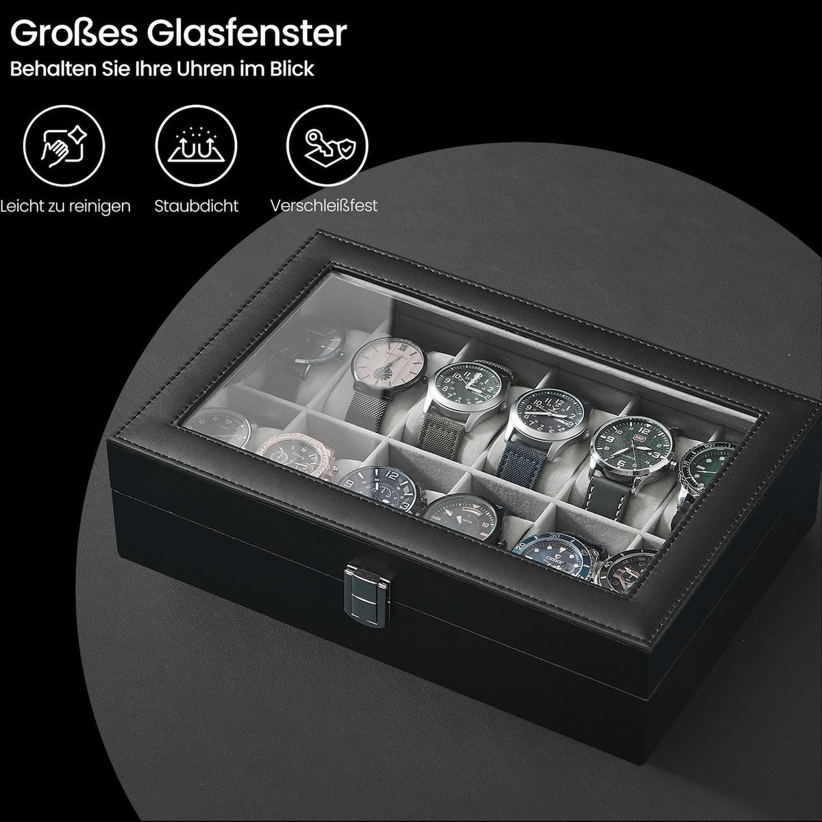 UHRENBOX - Schwarz, Basics, Glas/Holzwerkstoff (30,2/7,8/20,2cm)