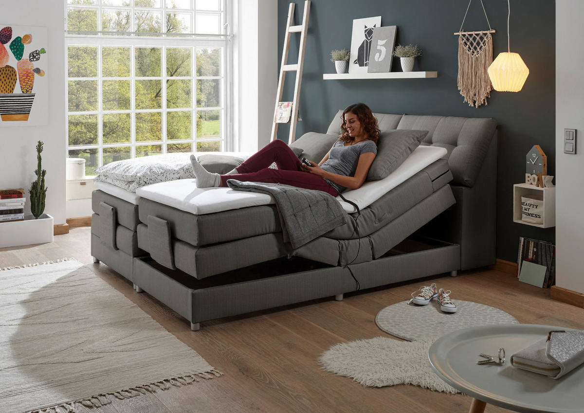 BOXSPRINGBETT 180/200 cm,  in Grau, Matratze, Bettkasten, Topper, motorische Verstellbarkeit, H2 = mittel  - Silberfarben/Grau, Design, Kunststoff/Textil (180/200cm) - Esposa