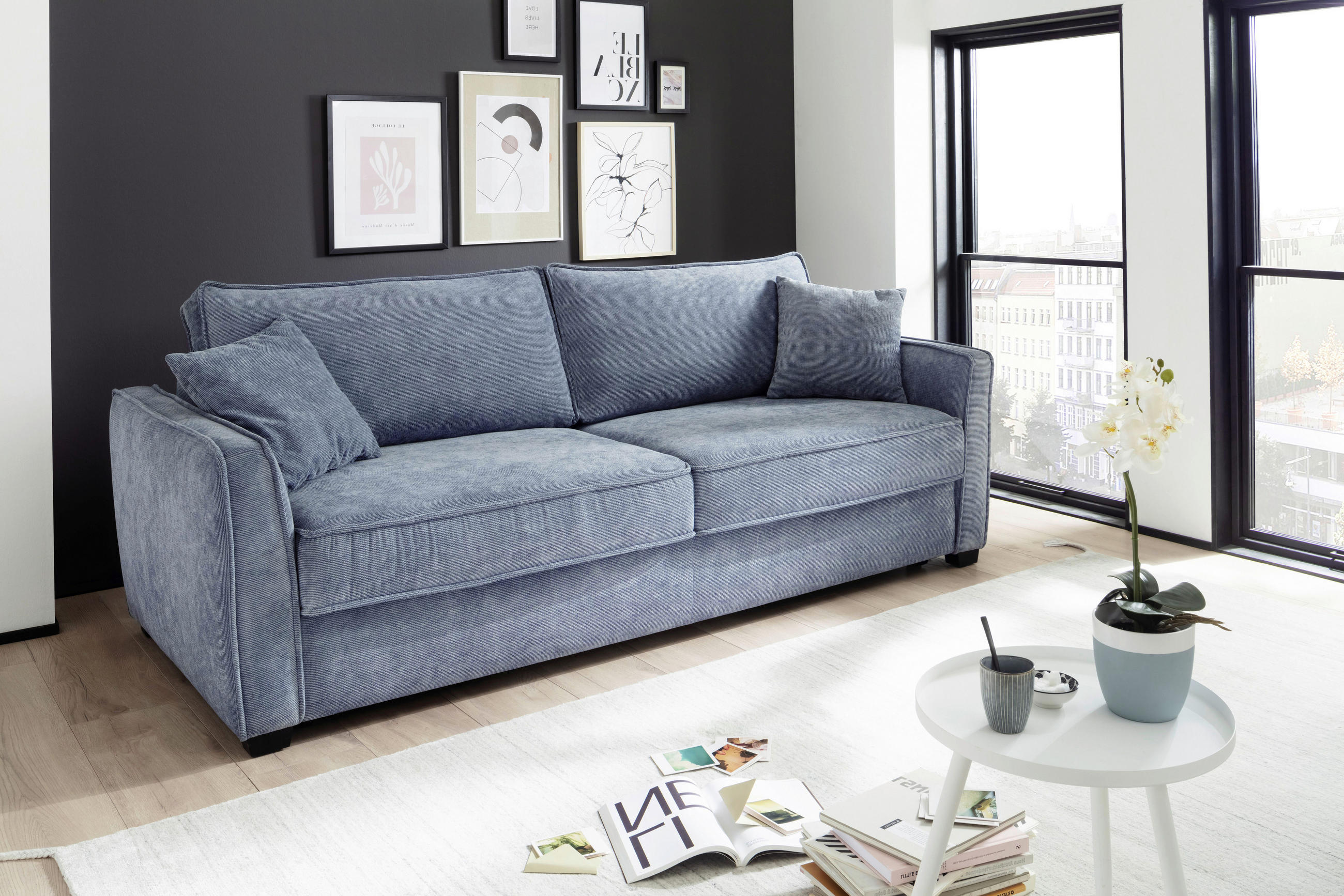 BOXSPRINGSOFA in Webstoff Blau, Grau - Blau/Schwarz, Modern, Holz/Textil (242/94/110cm) - Novel