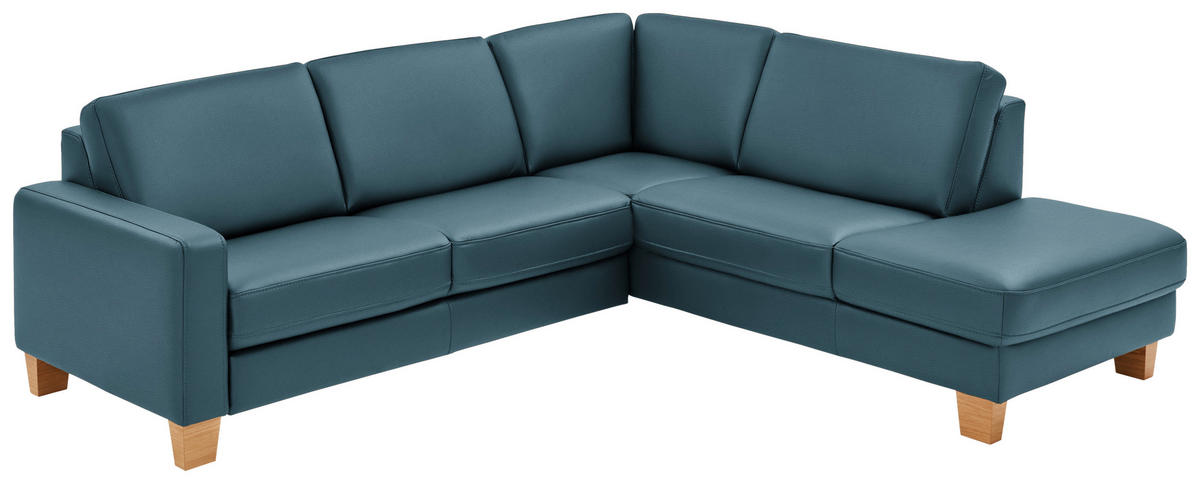 ECKSOFA in Echtleder Blau  - Blau/Eiche Bianco, Konventionell, Leder/Holz (257/235cm) - Valdera