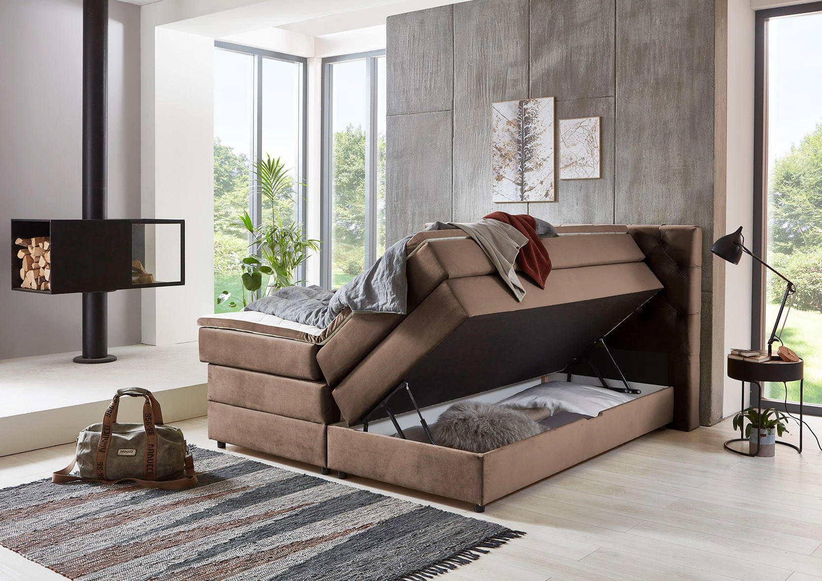 BOXSPRING KREVET     - bež/crna, Moderno, tekstil/plastika (160/120/200cm)