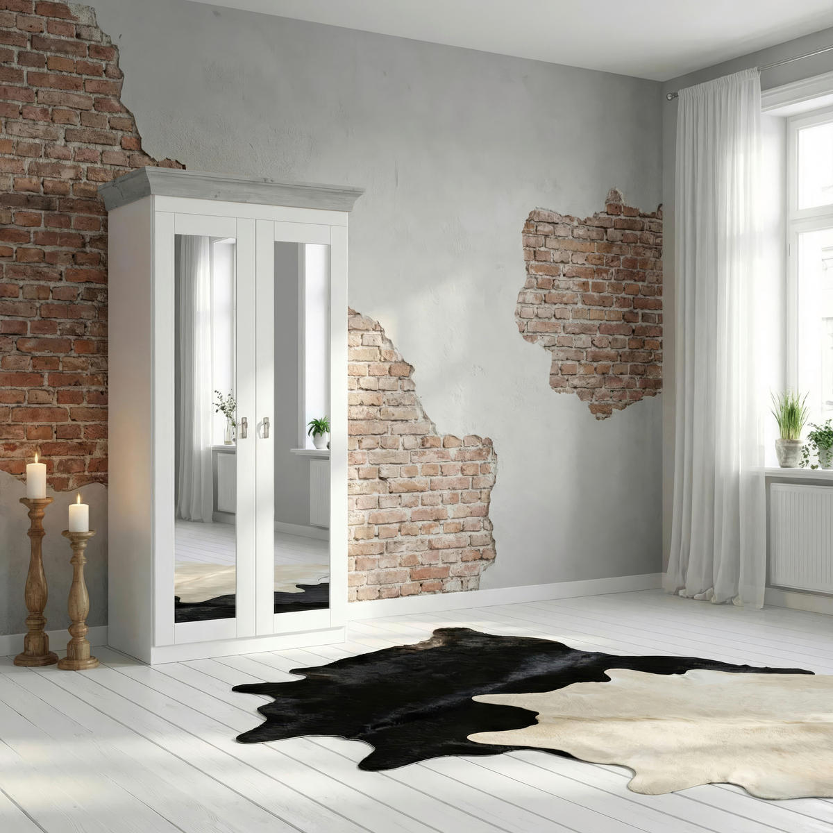 DREHTÜRENSCHRANK 108/210/64 cm,  in Grau, Klar, Weiß, 2-türig  - Klar/Weiß, ROMANTIK / LANDHAUS, Glas/Holz (108/210/64cm) - Boxxx