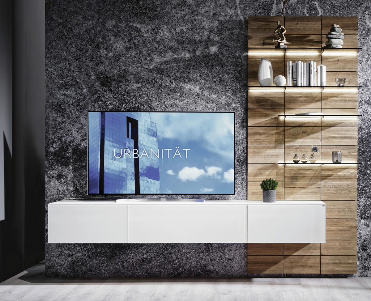 WOHNWAND 2-teilig  in Weiß, Eichefarben  256/227,5/41,4 cm  - Eichefarben/Weiß, Natur, Glas/Holz (256/227,5/41,4cm) - Voglauer