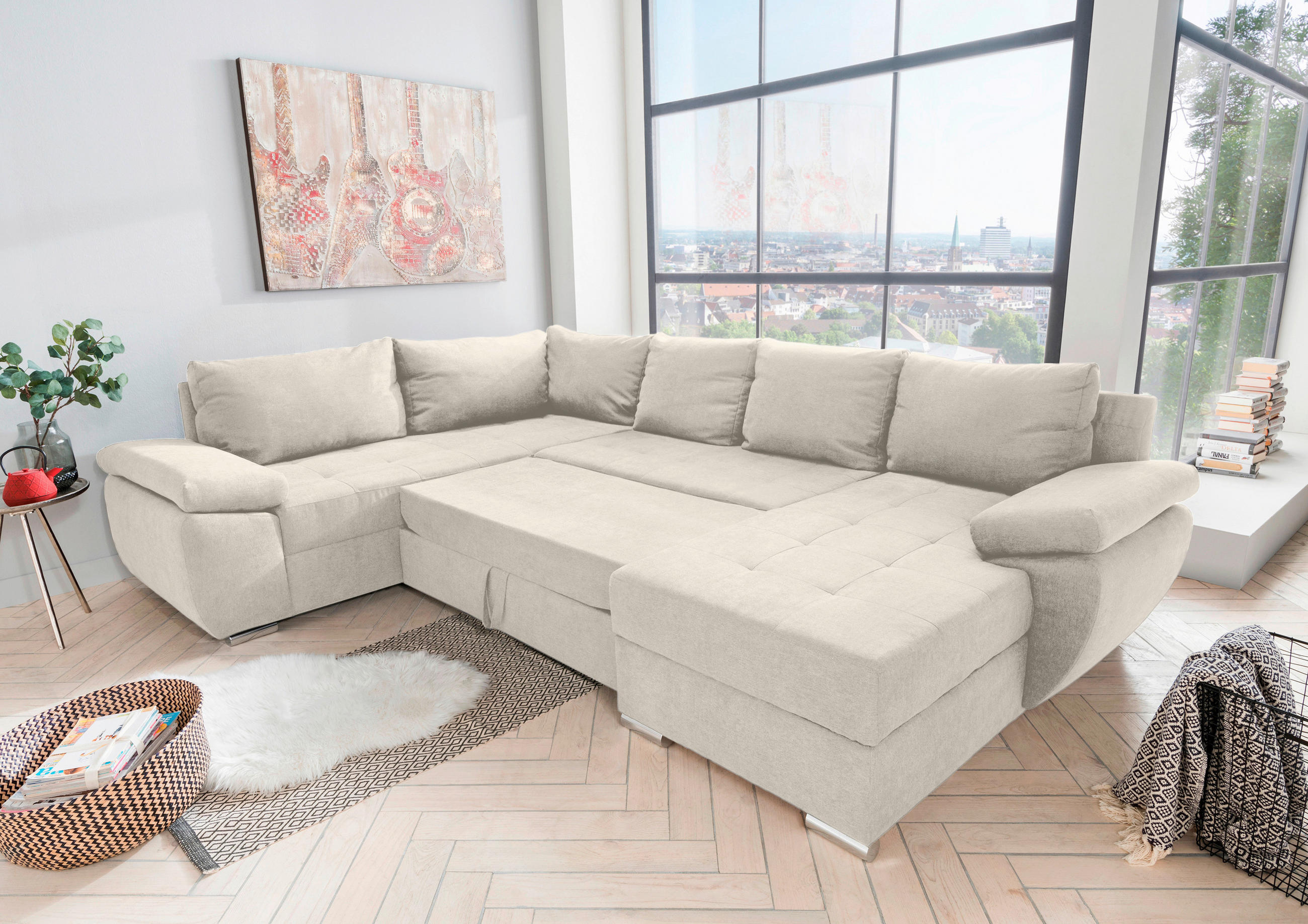 WOHNLANDSCHAFT Creme Mikrofaser  - Chromfarben/Beige, KONVENTIONELL, Textil (219/305/157cm) - Livetastic